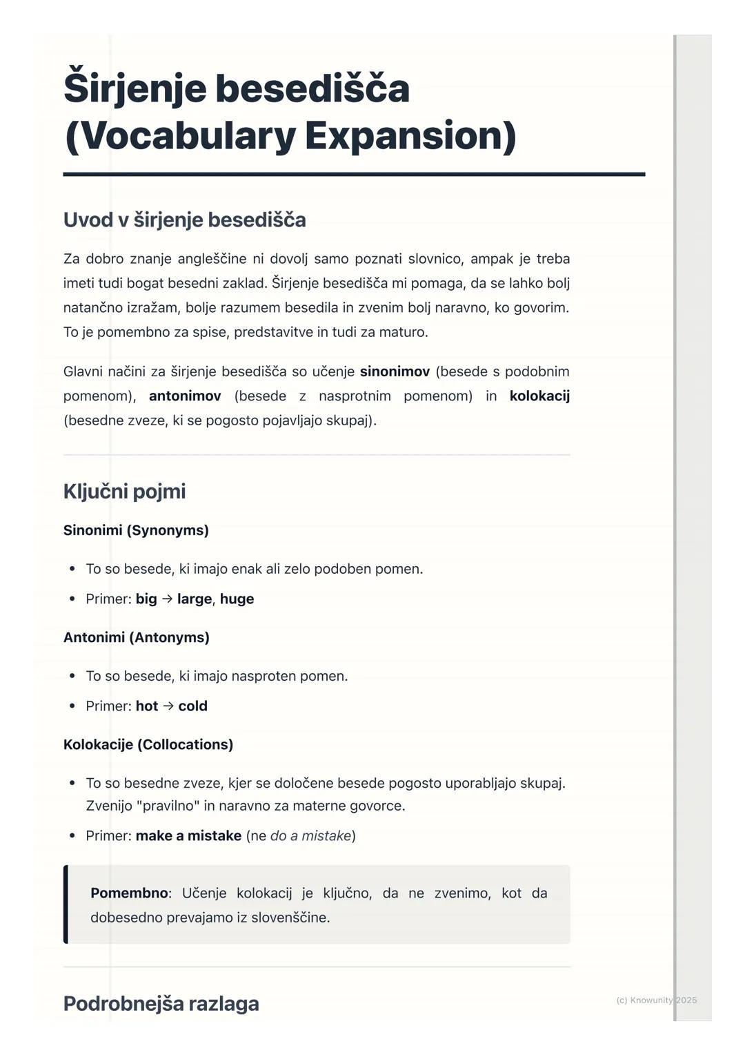 # Širjenje besedišča
(Vocabulary Expansion)

Uvod v širjenje besedišča

Za dobro znanje angleščine ni dovolj samo poznati slovnico, ampak je