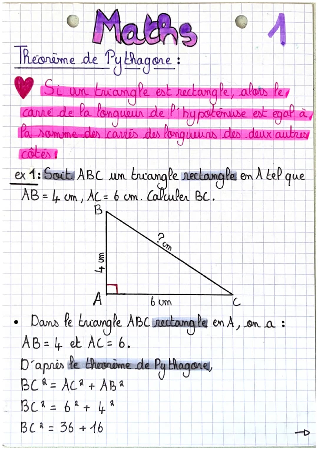 Maths
Theorème de Pythagore:
AB = 4 cm,
Si un triangle est rectangle, alors le
carre de la longueur de l'hypoténuse est egal à
Pa somme des 