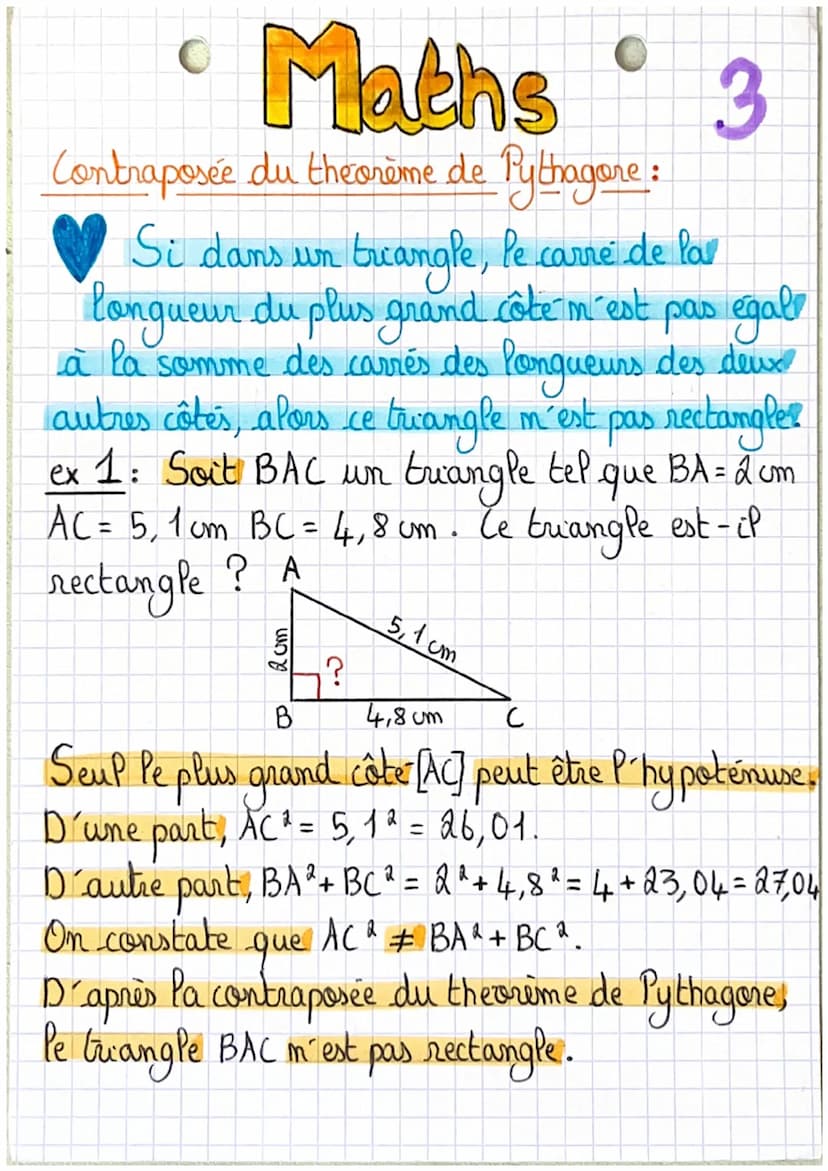 Maths
Theorème de Pythagore:
AB = 4 cm,
Si un triangle est rectangle, alors le
carre de la longueur de l'hypoténuse est egal à
Pa somme des 