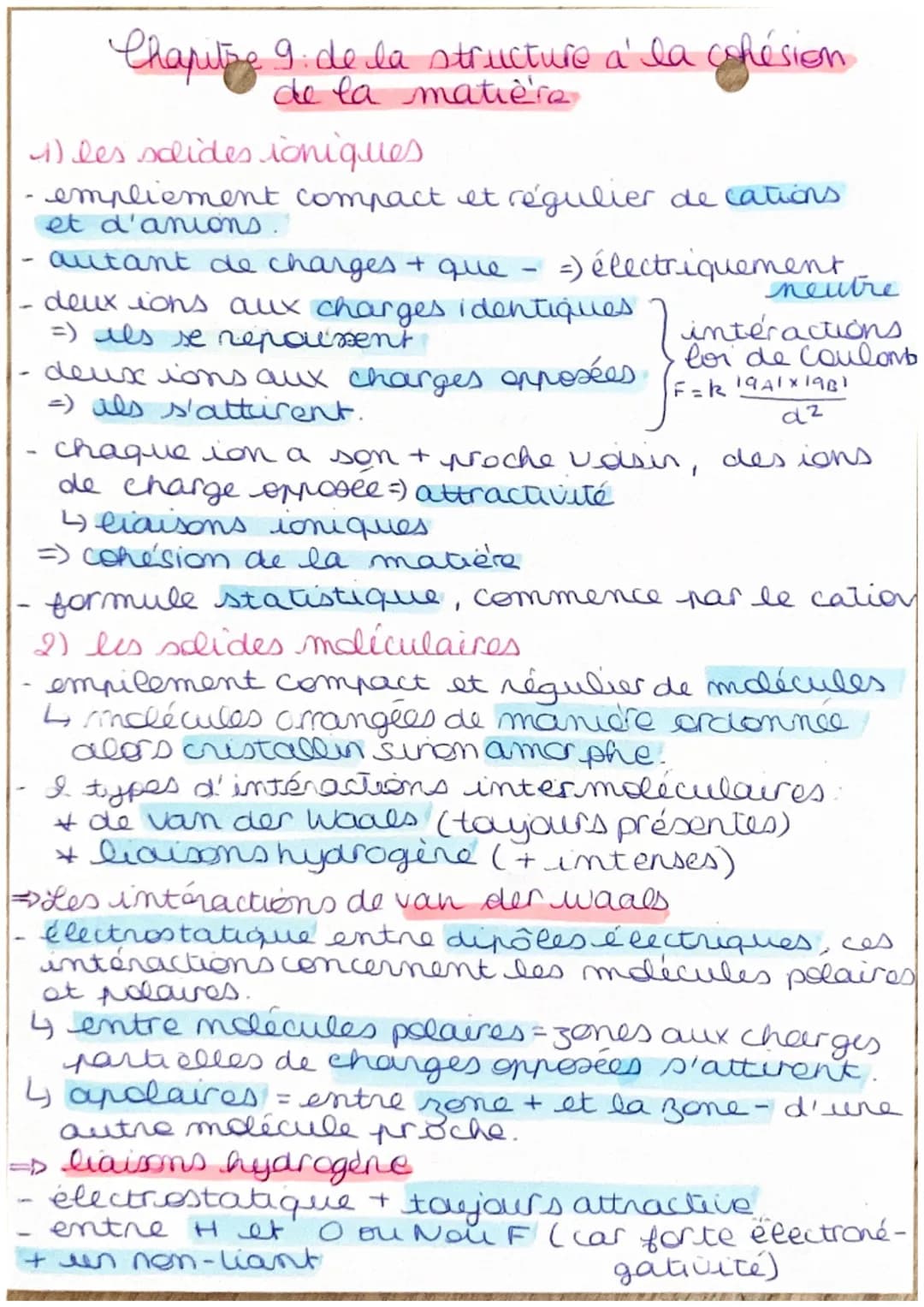 Chapitze 9. de la structure a la cohésion
de la matière
1) les solides ioniques
- empliement compact et régulier de cations
-
et d'anions."
