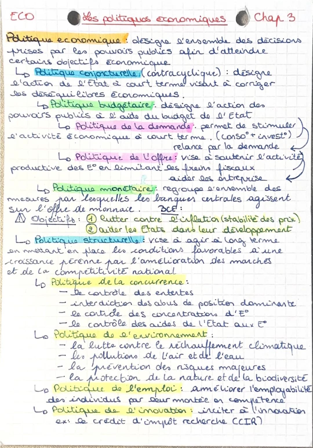 --- OCR Start ---
ECO
• des politiquos economiques
Chap 3
Politique economique : desigre l'ensemble des décisions
prises par les pouvoirs pu