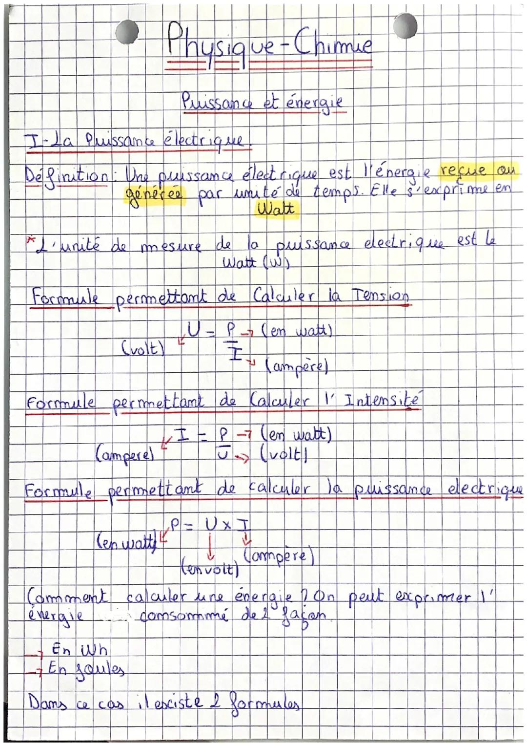 Physique - Chimie
Puissance et énergie
I- La Puissance électrique
Definition: Une puissance électrique est l'énergie reçue on
générée par un