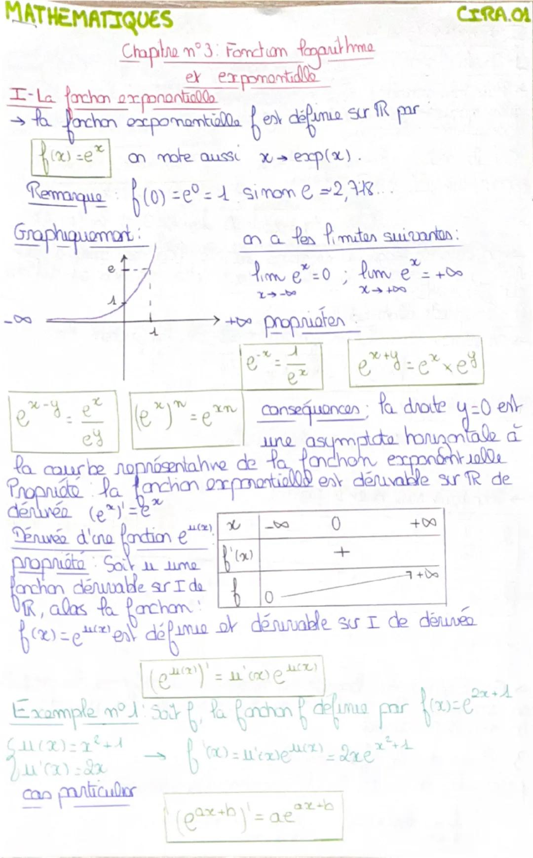 MATHEMATIQUES

Chapitre n°3: Fonction fagarithma
ex exponentialle

I-La forchon exponentielle

张
forchon exponentielle of est définie sur IR