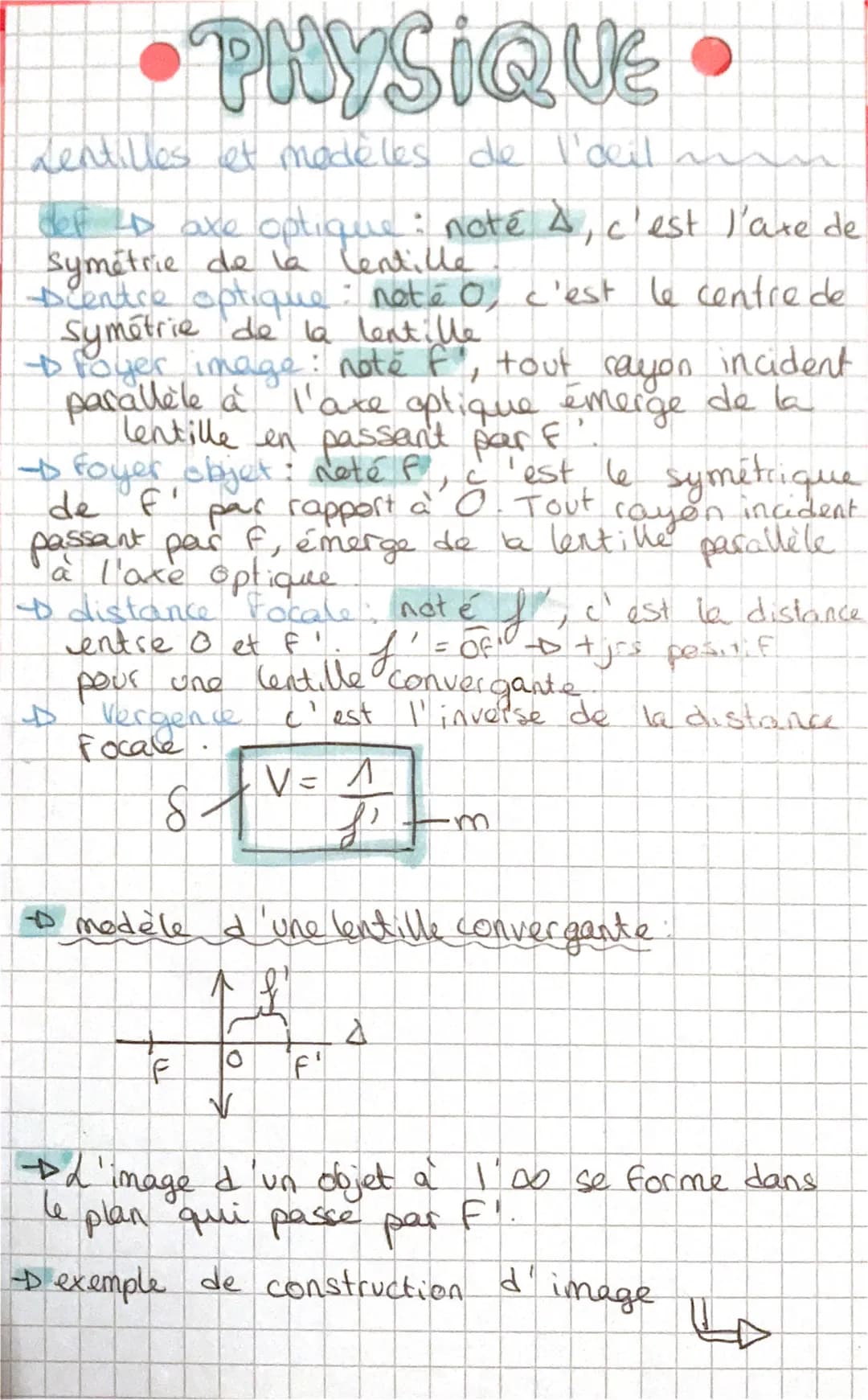 •PHYSIQUE •
tilles et modèles de l'oeil
def LD are optique : noté 4, c'est l'axe de
symétrie de la lentille
Dientre optique: noté 0, c'est l