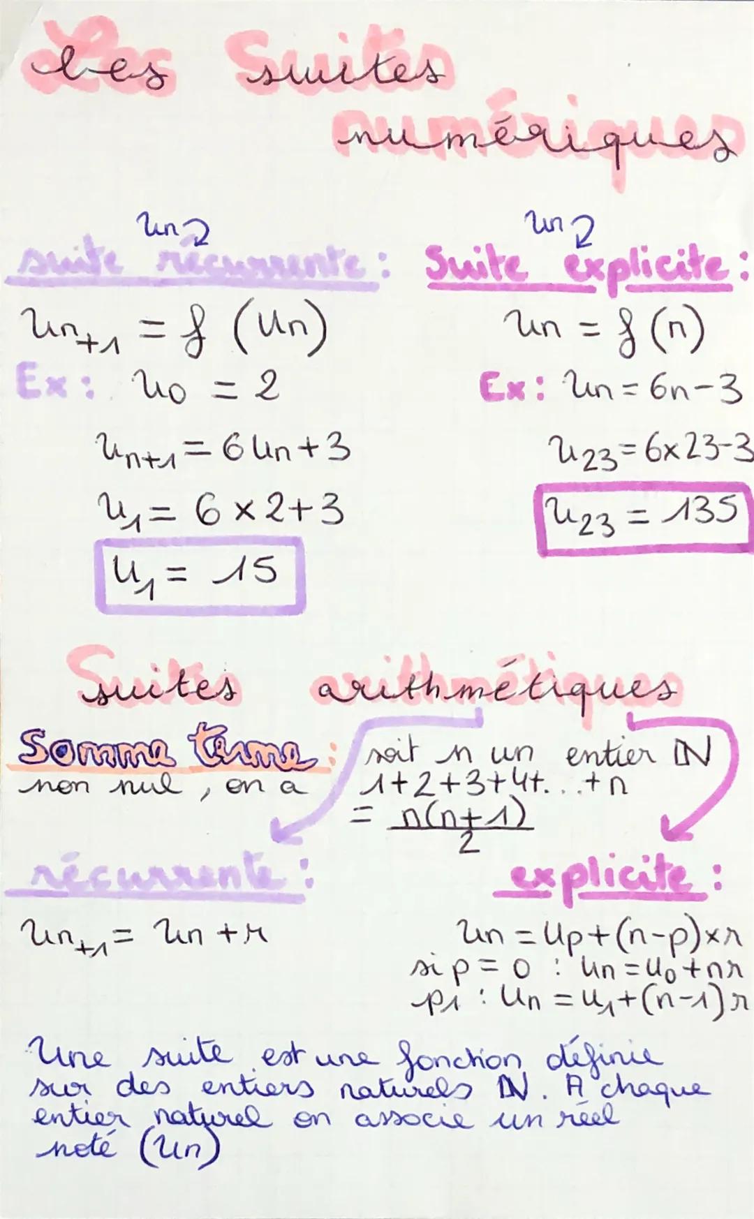 bes Suites
numériques
un2
un 2
suite recurrente: Suite explicite:
un+₁ = f (Un)
un = f(n)
Ex: no = 2
Ex: Un=6n-3
223=6x23-3
23 = 135
Unt₁=64