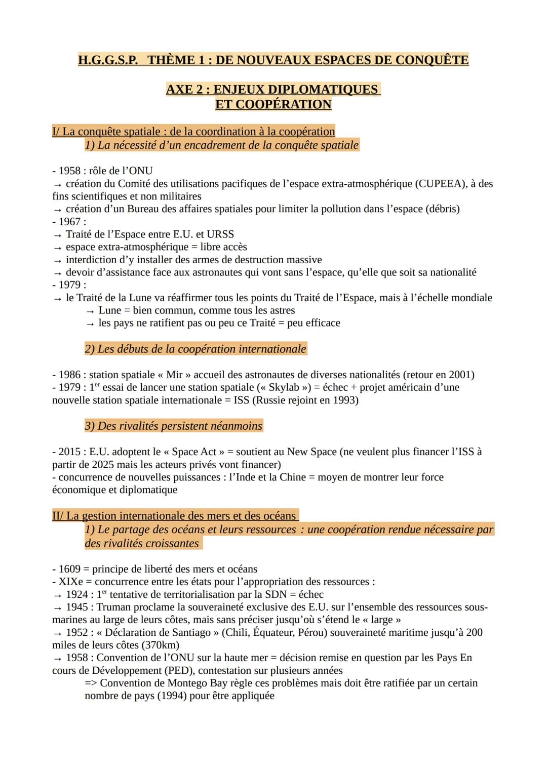 H.G.G.S.P. THÈME 1 : DE NOUVEAUX ESPACES DE CONQUÊTE
AXE 2: ENJEUX DIPLOMATIQUES
ET COOPÉRATION
I/ La conquête spatiale : de la coordination