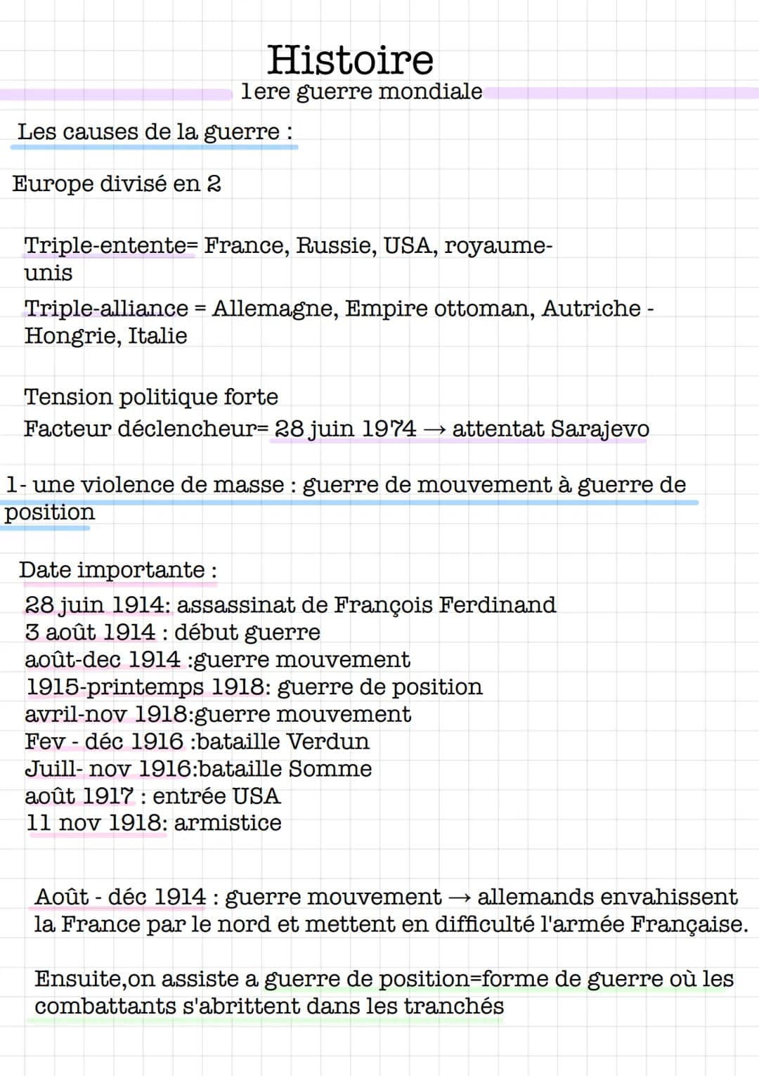  Les causes de la guerre :
Europe divisé en 2
Histoire
lere guerre mondiale
Triple-entente= France, Russie, USA, royaume-
unis
Triple-allian