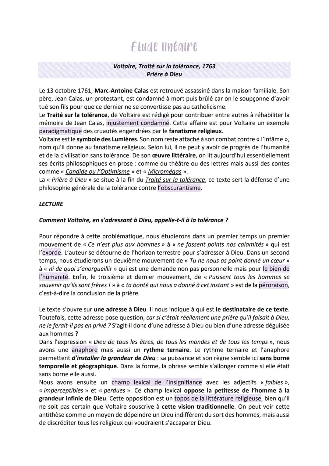 La prière à Dieu de Voltaire : Étude linéaire 