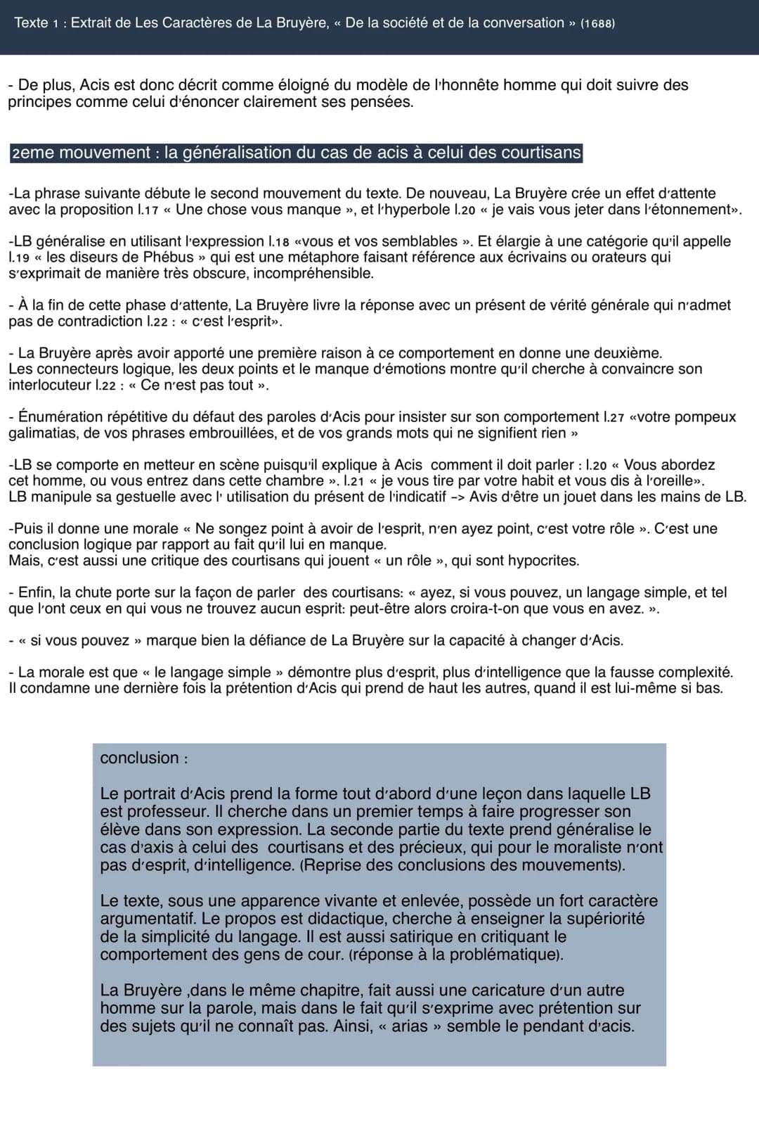 Texte 1 : Extrait de Les Caractères de La Bruyère, « De la société et de la conversation >> (1688)
- De plus, Acis est donc décrit comme élo