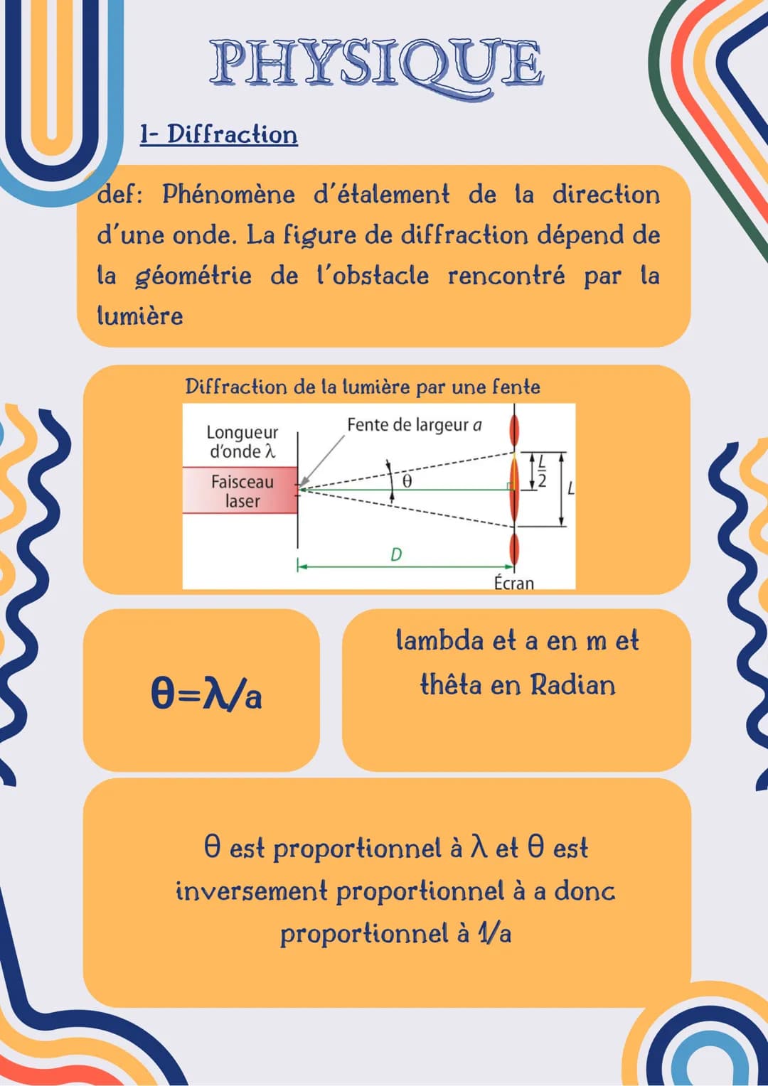 U
PHYSIQUE
def: Phénomène d'étalement de la direction
d'une onde. La figure de diffraction dépend de
la géométrie de l'obstacle rencontré pa