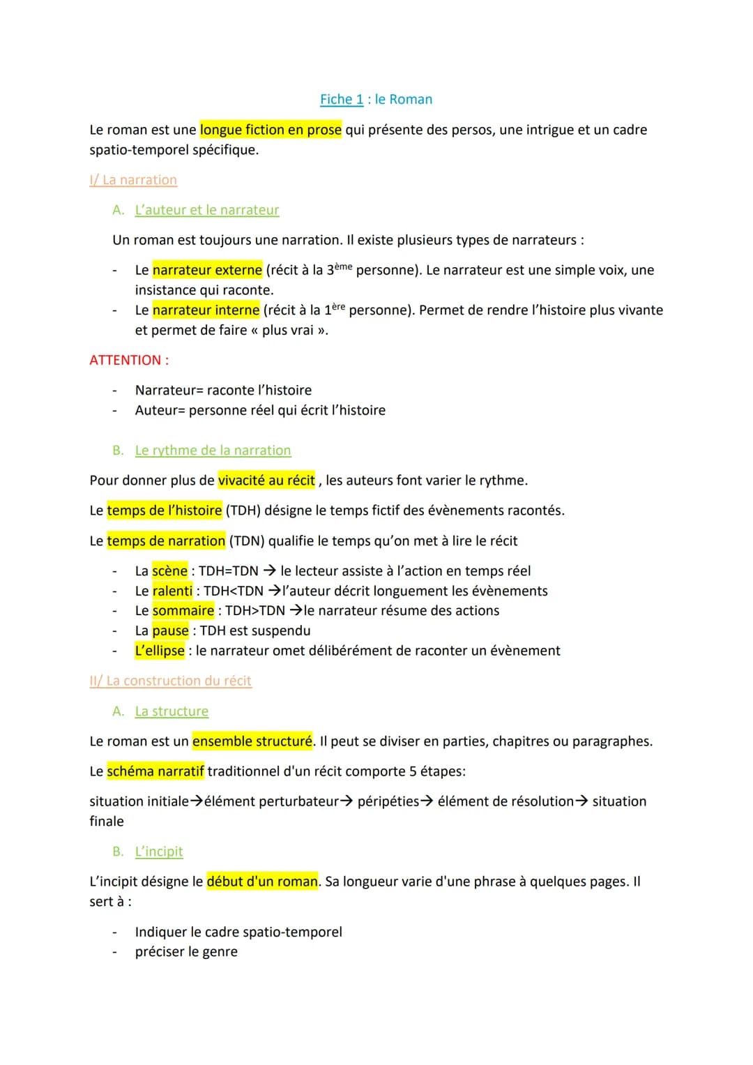 Fiche 1: le Roman
Le roman est une longue fiction en prose qui présente des persos, une intrigue et un cadre
spatio-temporel spécifique.
I/L