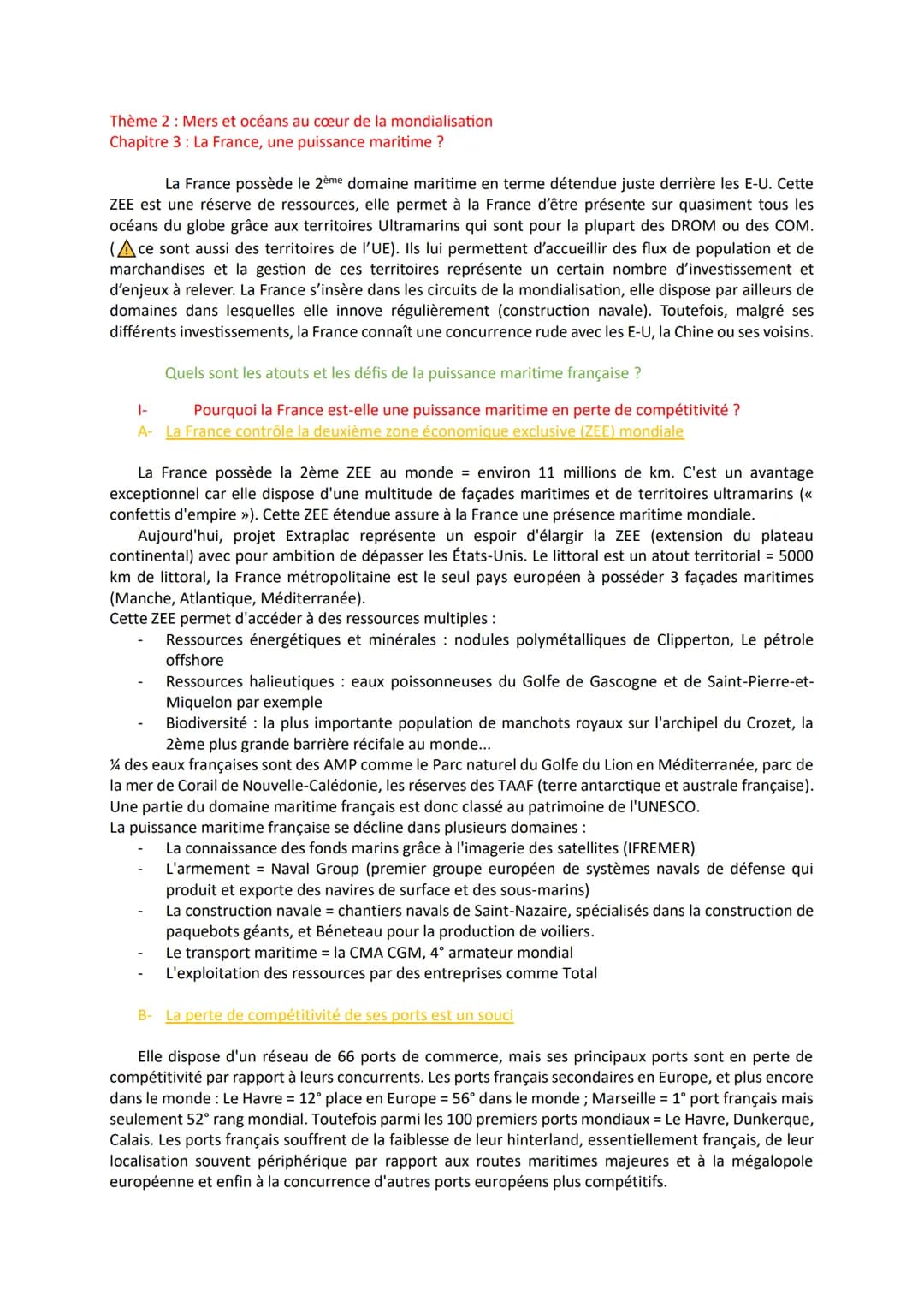 Thème 2: Mers et océans au cœur de la mondialisation
Chapitre 3 : La France, une puissance maritime ?
La France possède le 2ème domaine mari