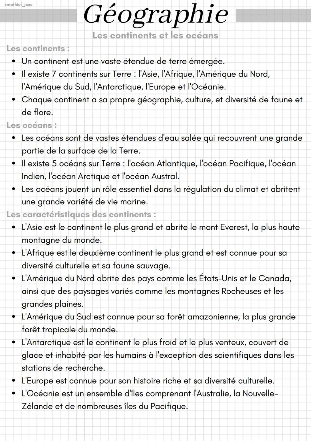 @mathisf_jsxc
Les continents :
• Un continent est une vaste étendue de terre émergée.
• Il existe 7 continents sur Terre: l'Asie, l'Afrique,