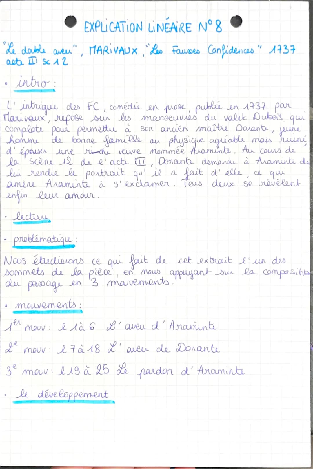 EXPLICATION LINEAIRE N°8
"Le double aven", MARIVAUX, "Les Fauses Confidences" 1737
acte III SC 12
intro:
au
L'intrigue des FC, comédie en pr