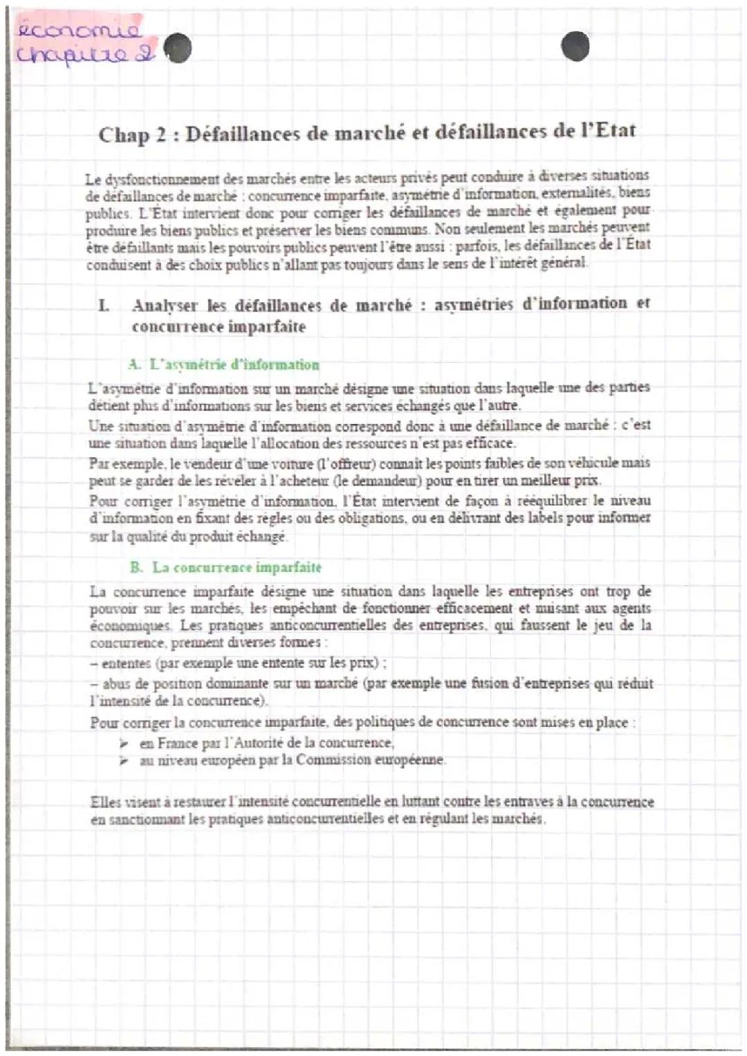 Économie : chapitre 2 les défaillances de marché et de l’état 
