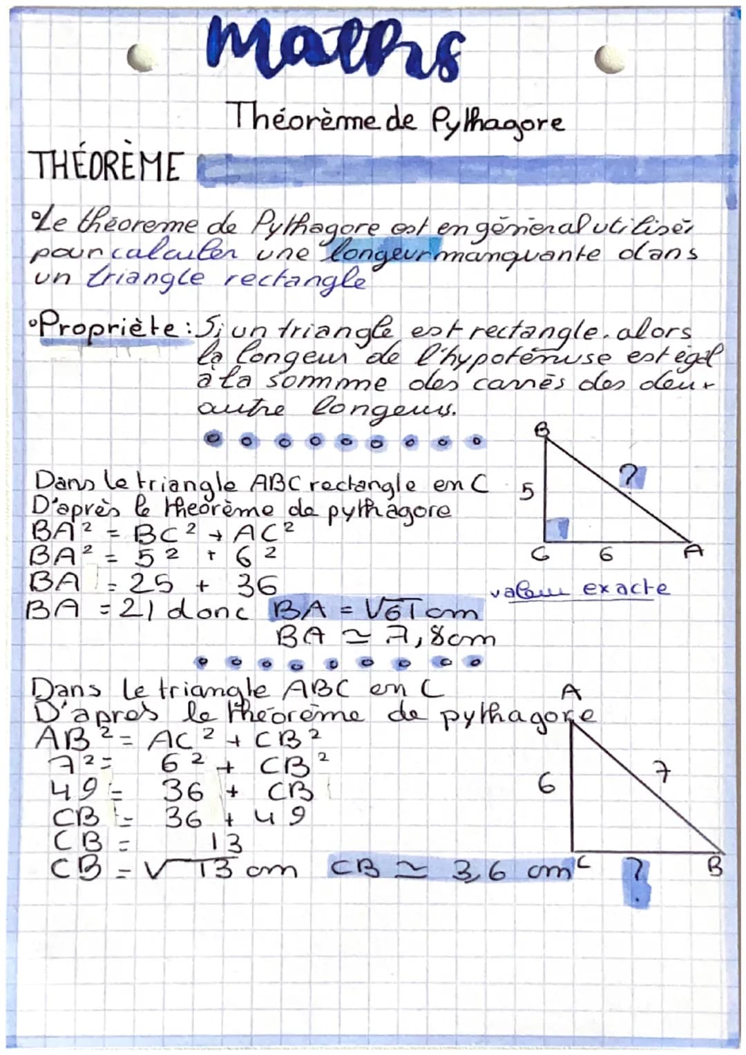 C
Maths
Théorème de Pythagore
THEOREME
Le theoreme de Pythagore est en general utiliser
pour calculer une longeur manquante dans
un triangle