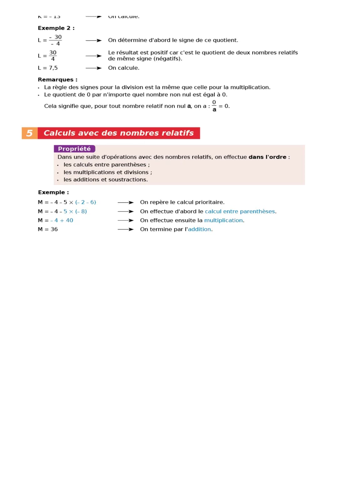 1 Addition et soustraction
A Addition de nombres relatifs
Propriétés
. La somme de deux nombres relatifs de même signe est un nombre relatif