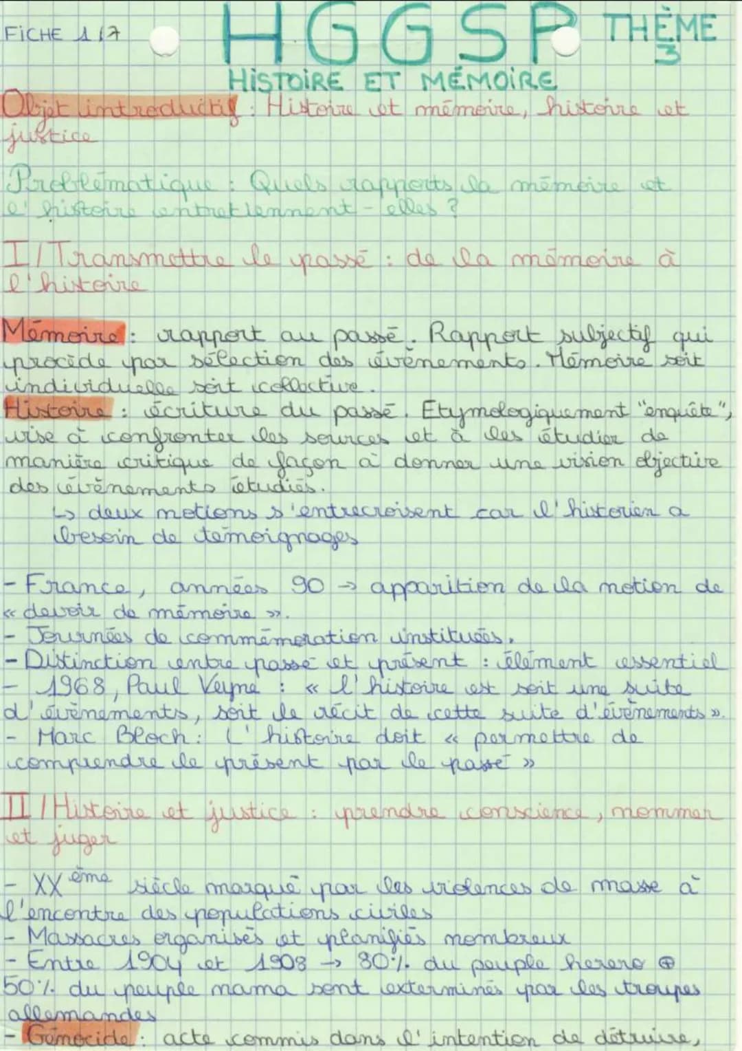 HGGSP THÈME
HISTOIRE ET MÉMOIRE
Objet introductig. Histoire et mémoire, histoire et
justice
FICHE A
Problématique : Quels rapports, la mémoi