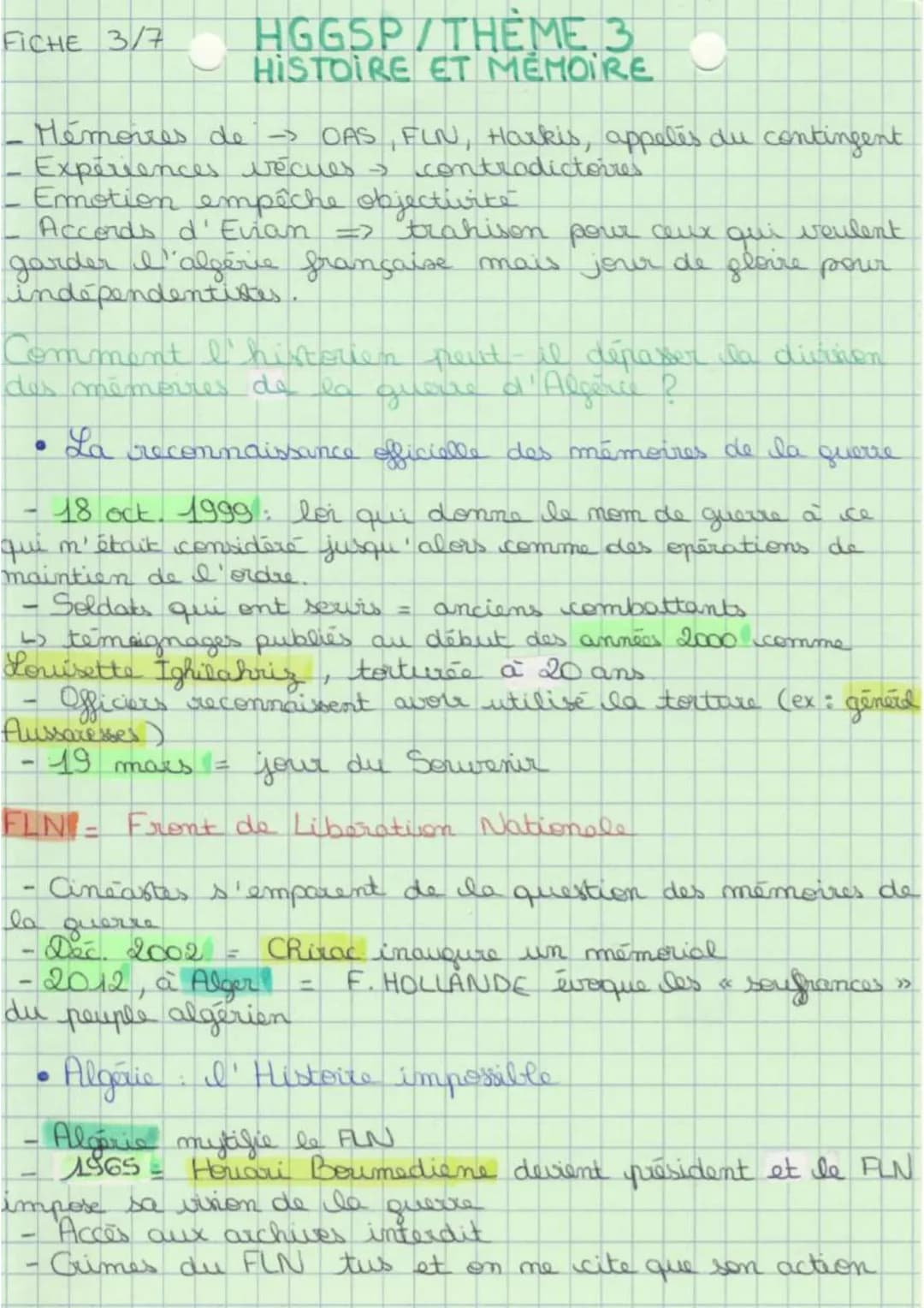 HGGSP THÈME
HISTOIRE ET MÉMOIRE
Objet introductig. Histoire et mémoire, histoire et
justice
FICHE A
Problématique : Quels rapports, la mémoi