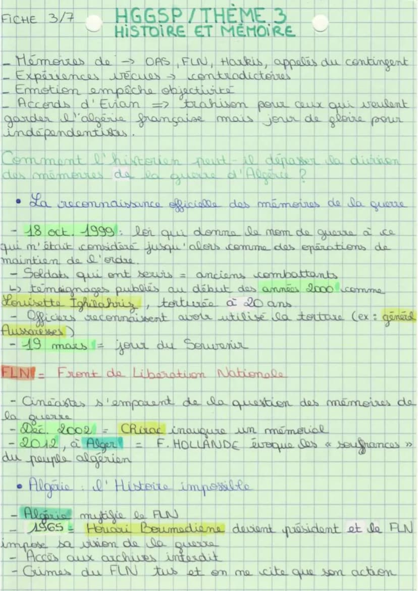 HGGSP THÈME
HISTOIRE ET MÉMOIRE
Objet introductig. Histoire et mémoire, histoire et
justice
FICHE A
Problématique : Quels rapports, la mémoi
