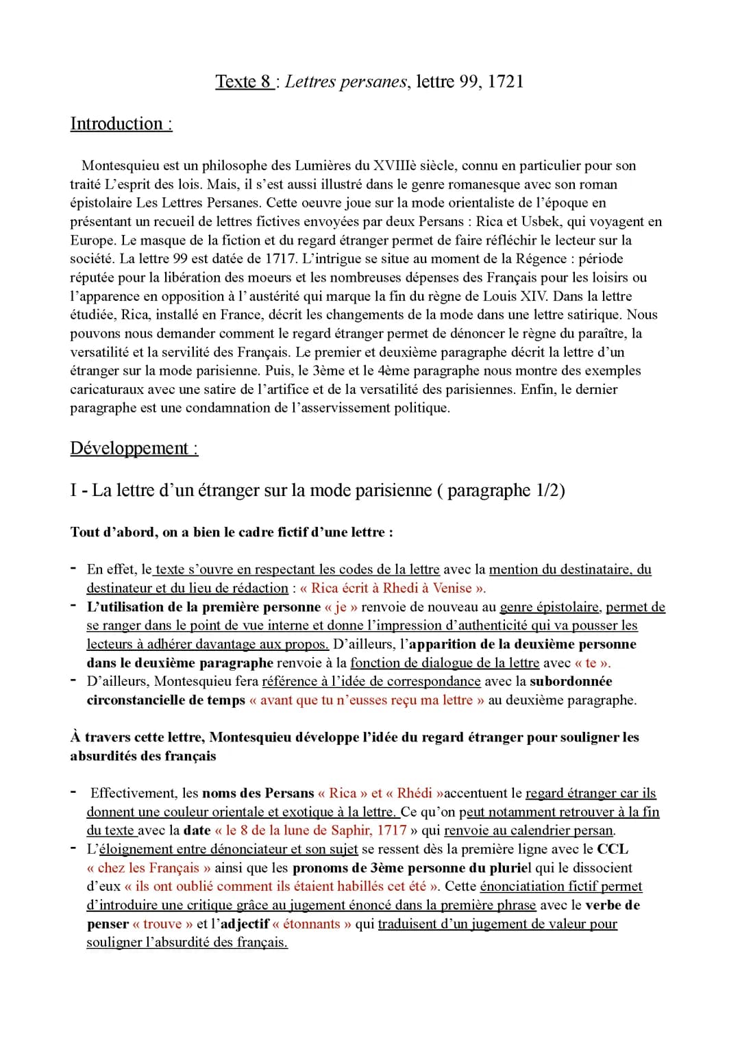 Linéaire sur la lettre 99 des Lettres Persanes
