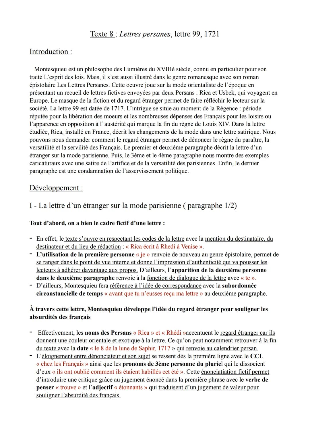 Introduction :
Texte 8 Lettres persanes,
lettre 99, 1721
Montesquieu est un philosophe des Lumières du XVIIIè siècle, connu en particulier p