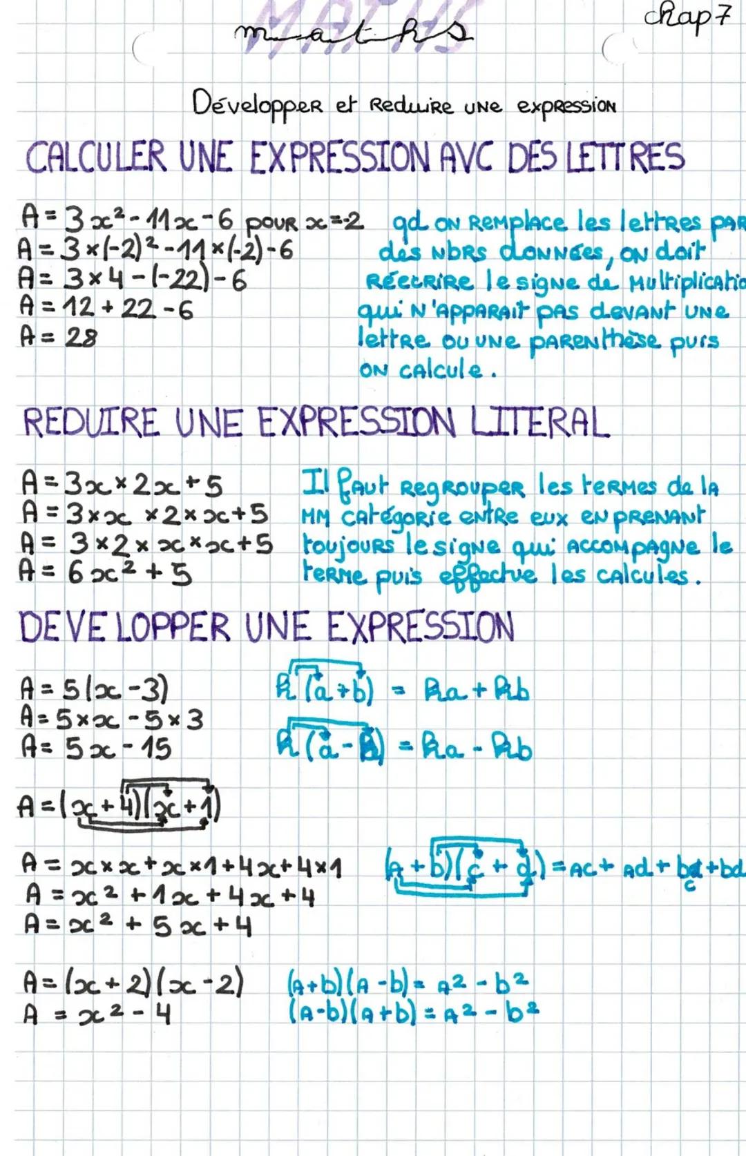 aths
Développer et Reduire Une expression.
CALCULER UNE EXPRESSION AVC DES LETTRES
A=3x²-11x-6 pour x=2 qd ON Remplace les lettres par
A=3×1