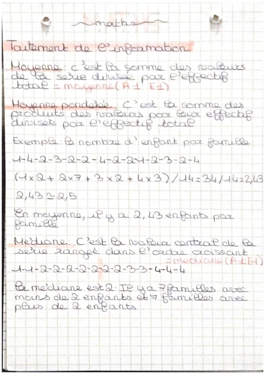 maths
Taitement
de l'infermation
Moyenne c'est la somme des valeurs
de la serie divisée par l'effectif
total = moyenne (A1 E1)
Heyenne ponde