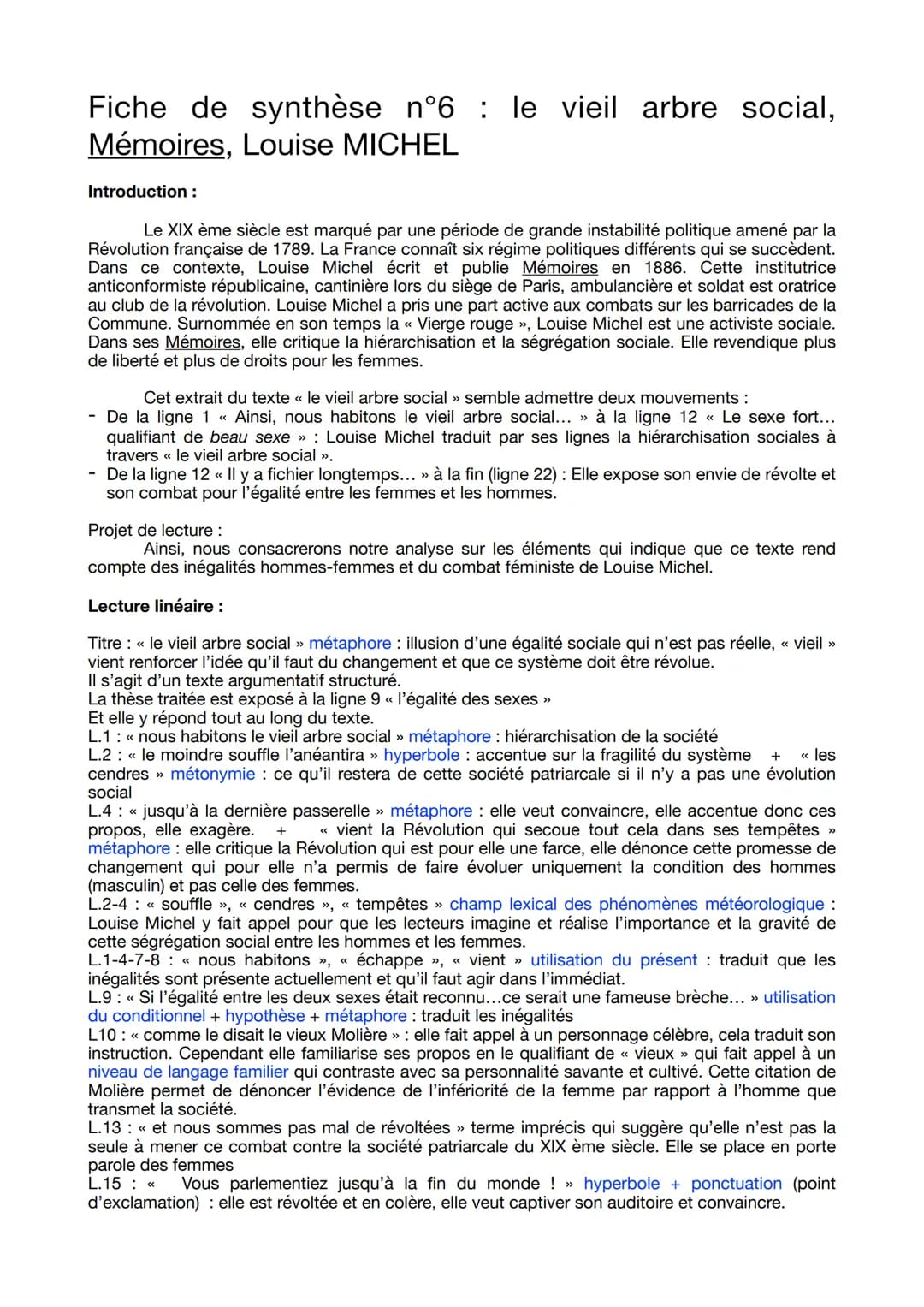Fiche de synthèse n°6 : le vieil arbre social,
Mémoires, Louise MICHEL
Introduction :
Le XIX ème siècle est marqué par une période de grande