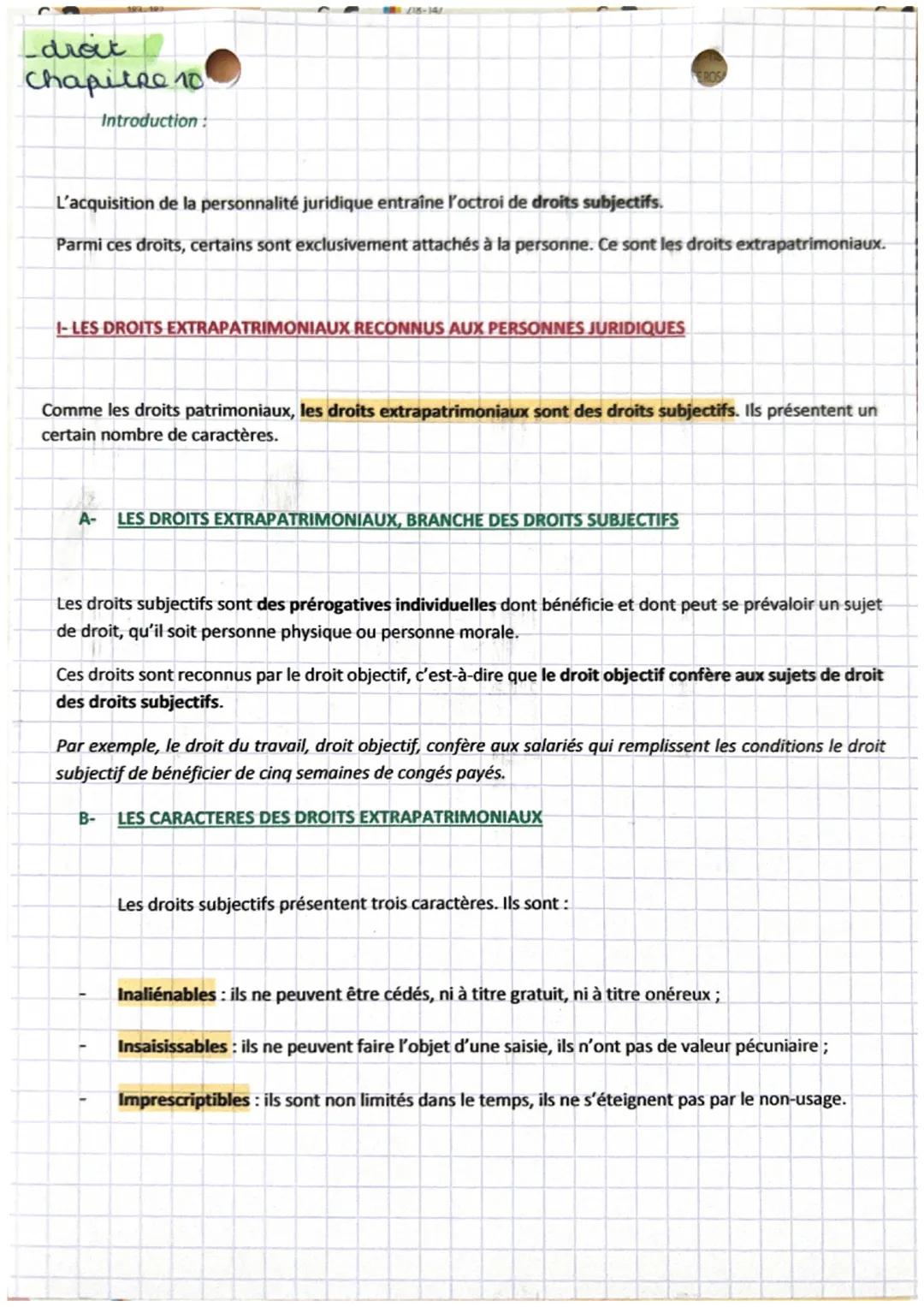 droit
Chapitre 10
Introduction :
L'acquisition de la personnalité juridique entraîne l'octroi de droits subjectifs.
Parmi ces droits, certai