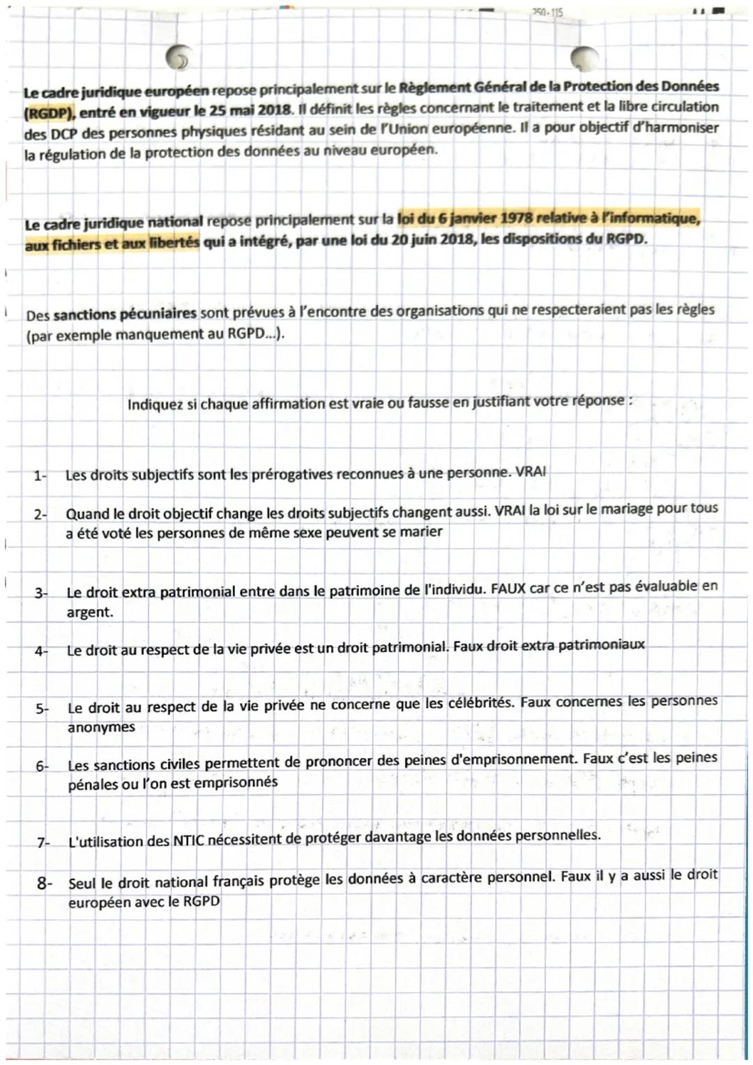 droit
Chapitre 10
Introduction :
L'acquisition de la personnalité juridique entraîne l'octroi de droits subjectifs.
Parmi ces droits, certai