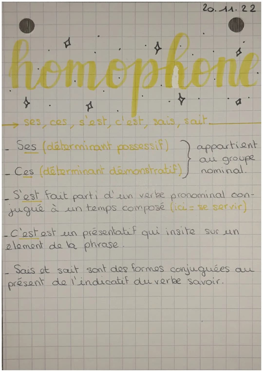 20.11.22
homophent
4
A
.
ses, ces, s'est, c'est, sais, salt.
Ses (déterminant possessif)
- Ces (déterminant démonstratif)
S'est fait parti d