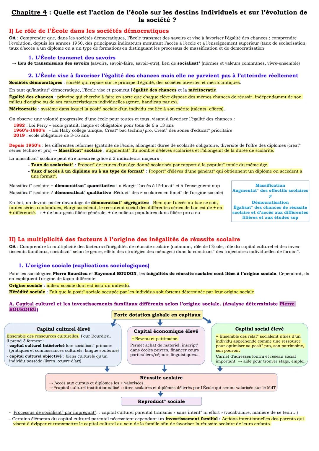 Chapitre 4: Quelle est l'action de l'école sur les destins individuels et sur l'évolution de
la société ?
I) Le rôle de l'École dans les soc