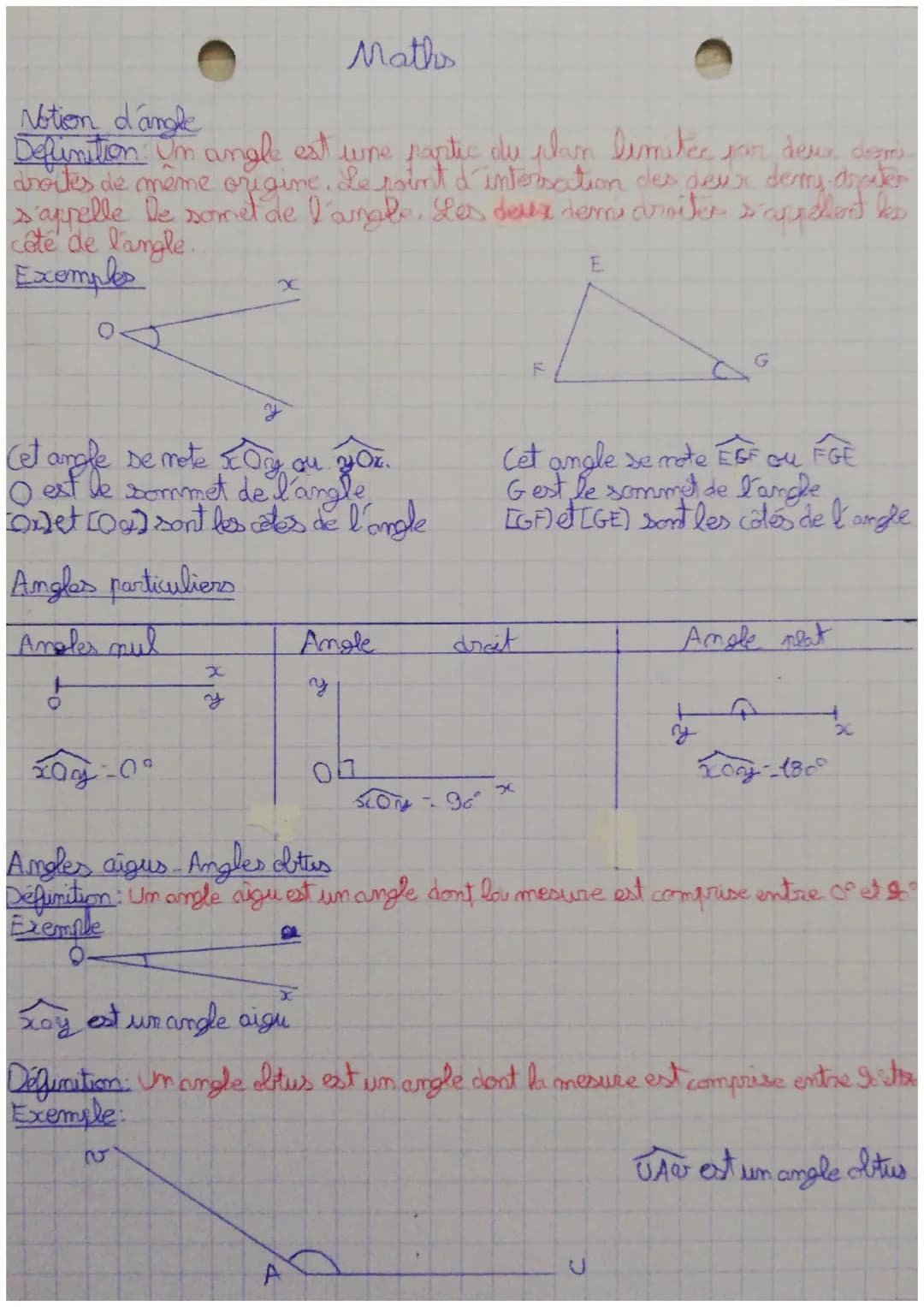 Maths
Notion d'angle
Definition: Un angle est une partie du plan limited for dew com
droites de même origine. Le point d'intersection des de