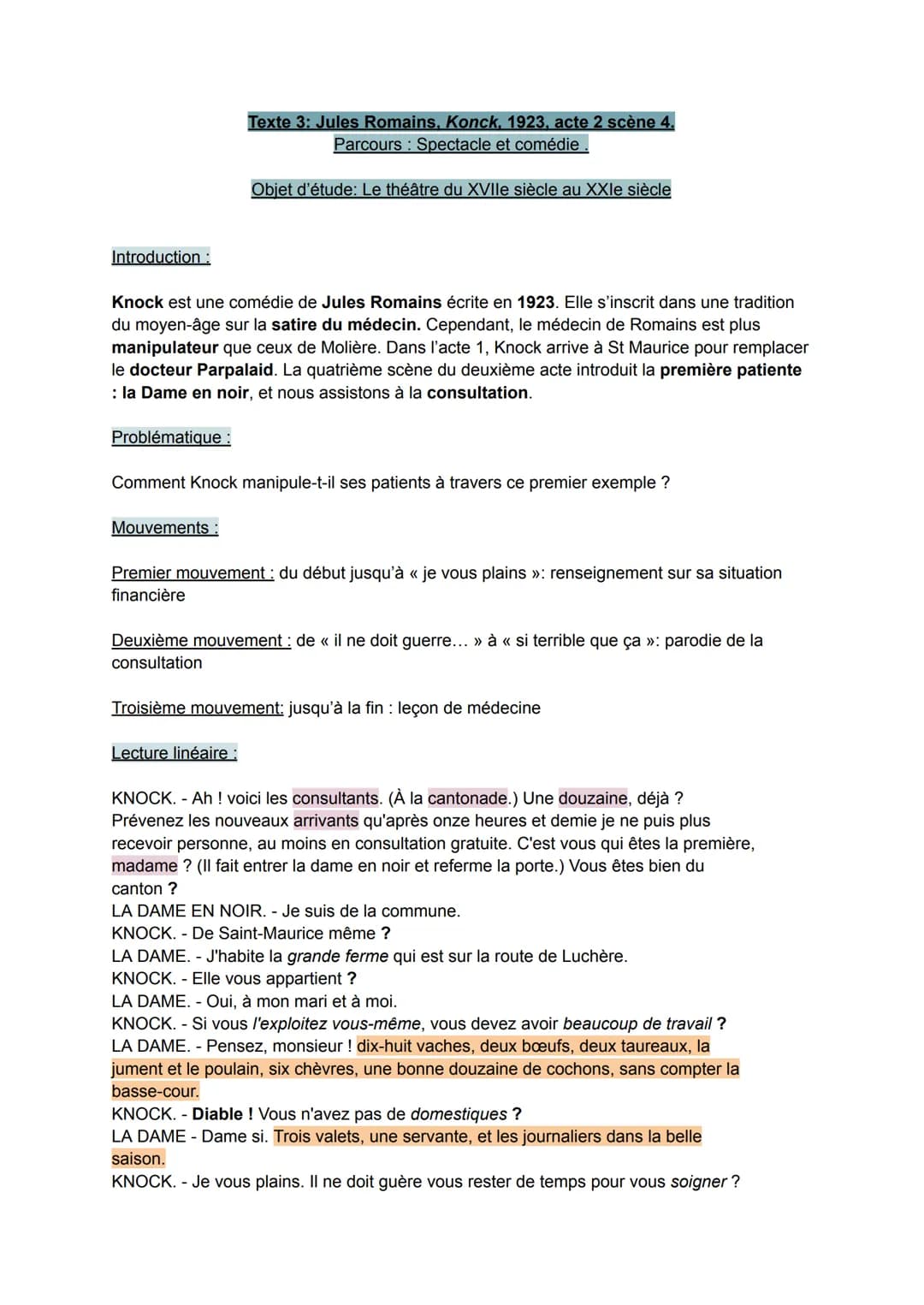 Introduction :
Problématique :
Knock est une comédie de Jules Romains écrite en 1923. Elle s'inscrit dans une tradition
du moyen-âge sur la 