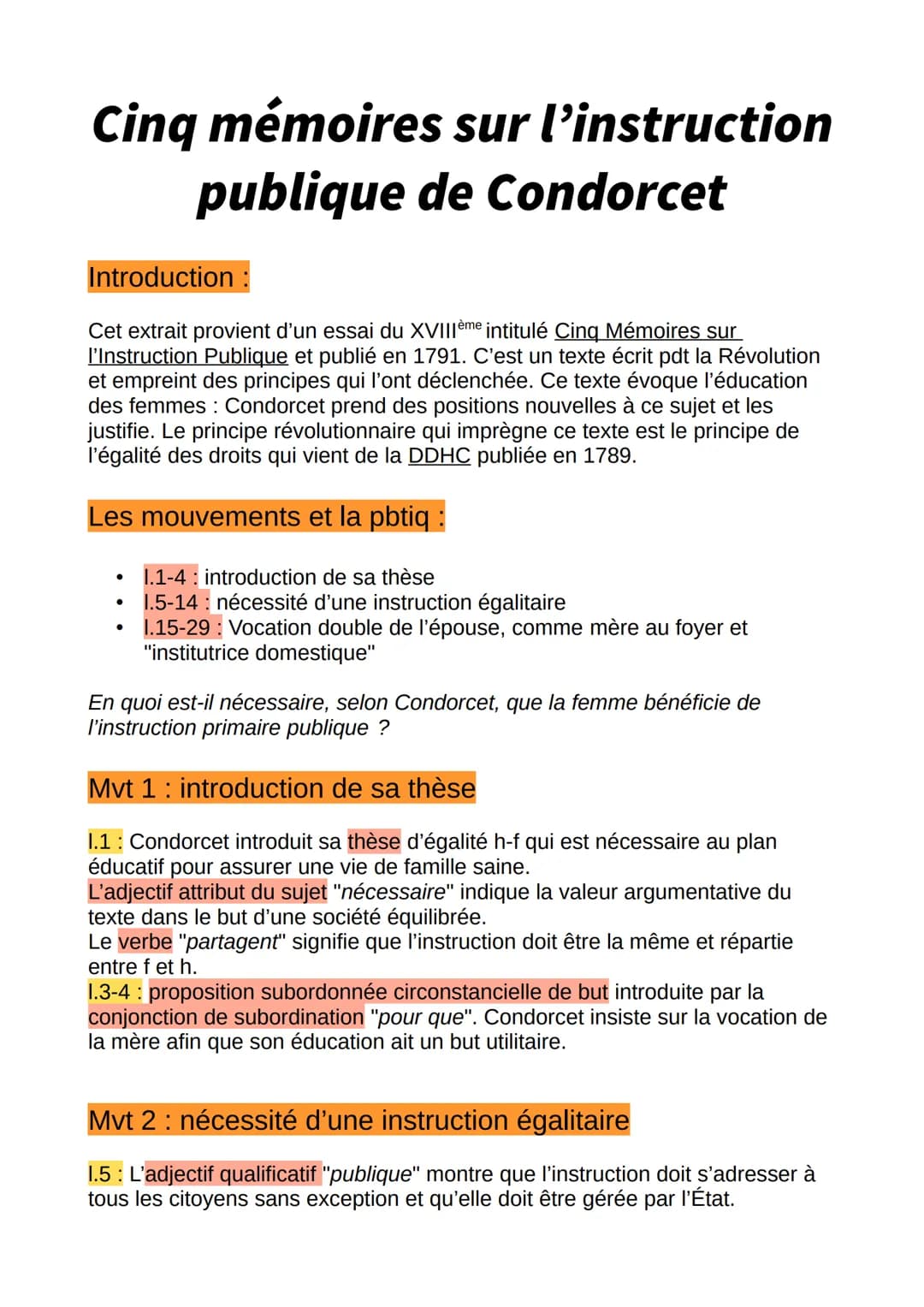 Cinq mémoires sur l'instruction
publique de Condorcet
Introduction :
Cet extrait provient d'un essai du XVIIIème intitulé Cinq Mémoires sur
