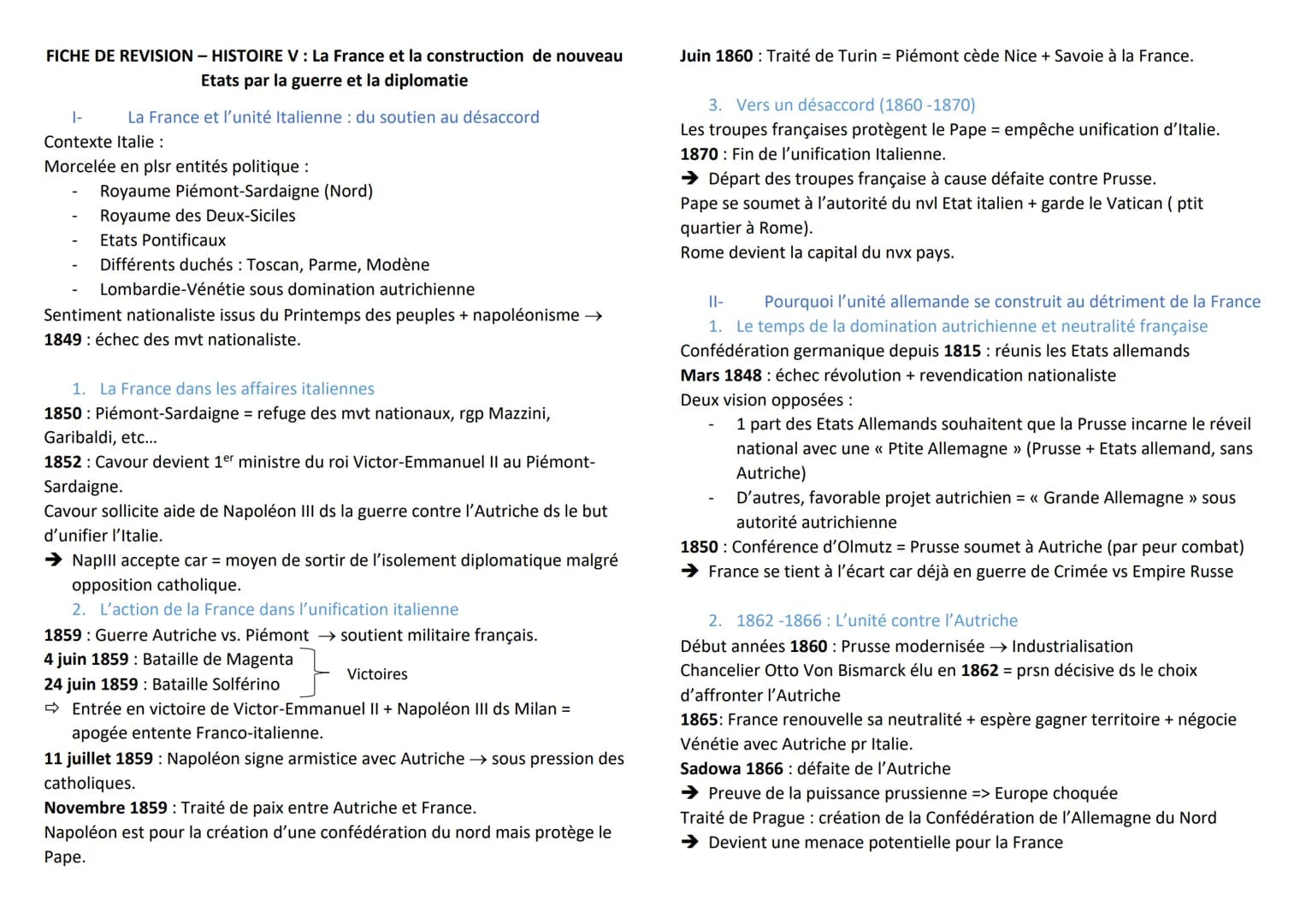 FICHE DE REVISION - HISTOIRE V: La France et la construction de nouveau
Etats par la guerre et la diplomatie
1- La France et l'unité Italien