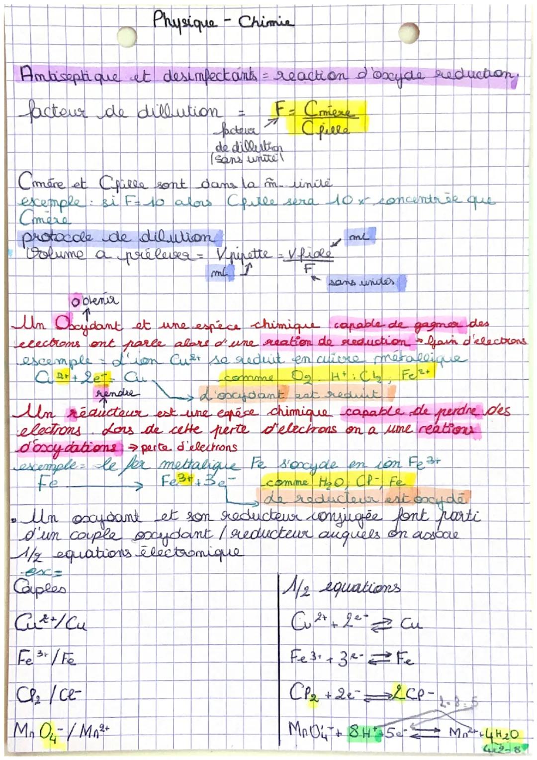 # Physique-Chimie

Antiseptique et desinfectants = reaction d'oxyde reduction,

facteur de dillution

$F = \frac{Cmiere}{Cfille}$

facteur
d