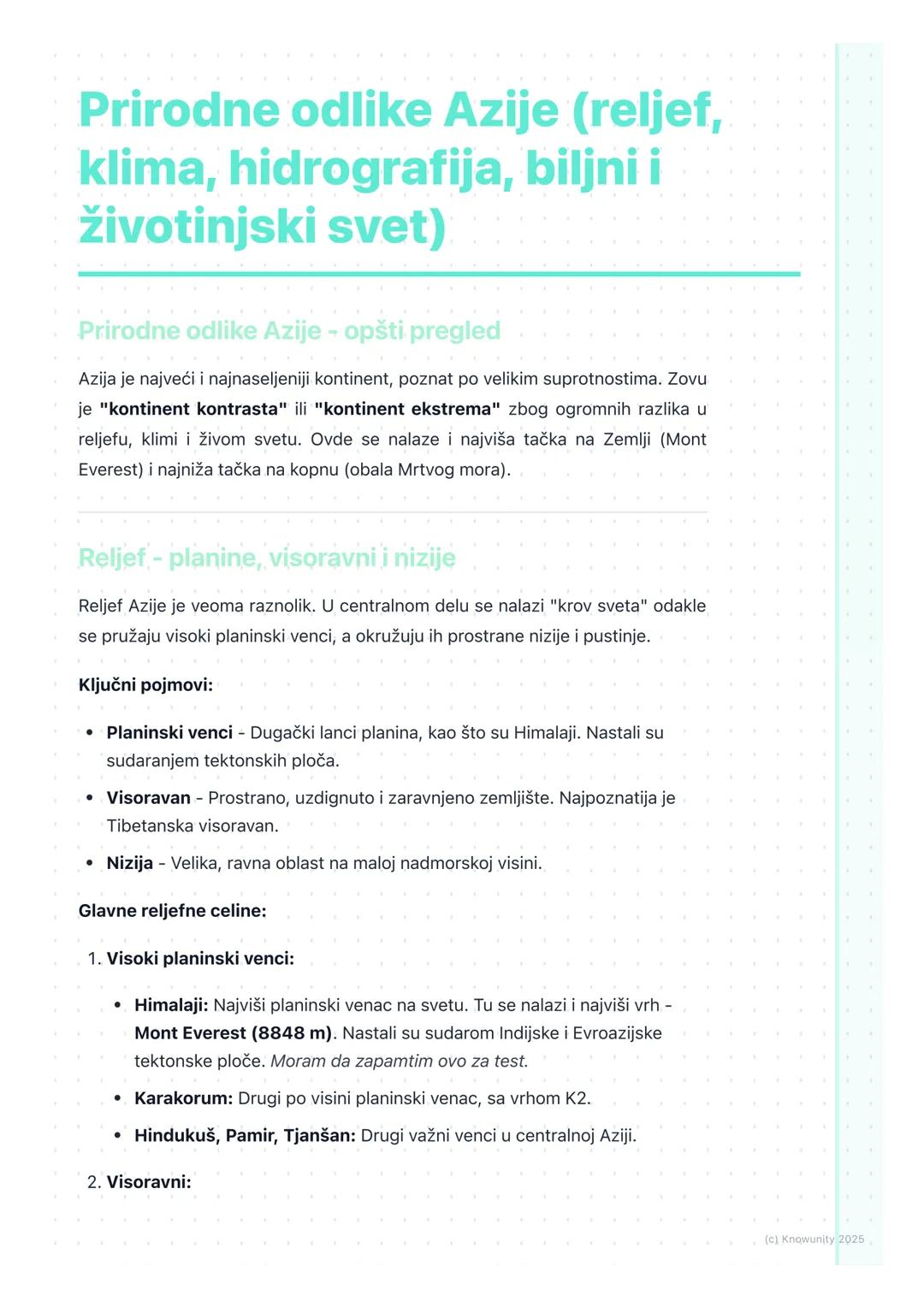 # Prirodne odlike Azije (reljef,
klima, hidrografija, biljni i
životinjski svet)

Prirodne odlike Azije - opšti pregled

Azija je najveći i 