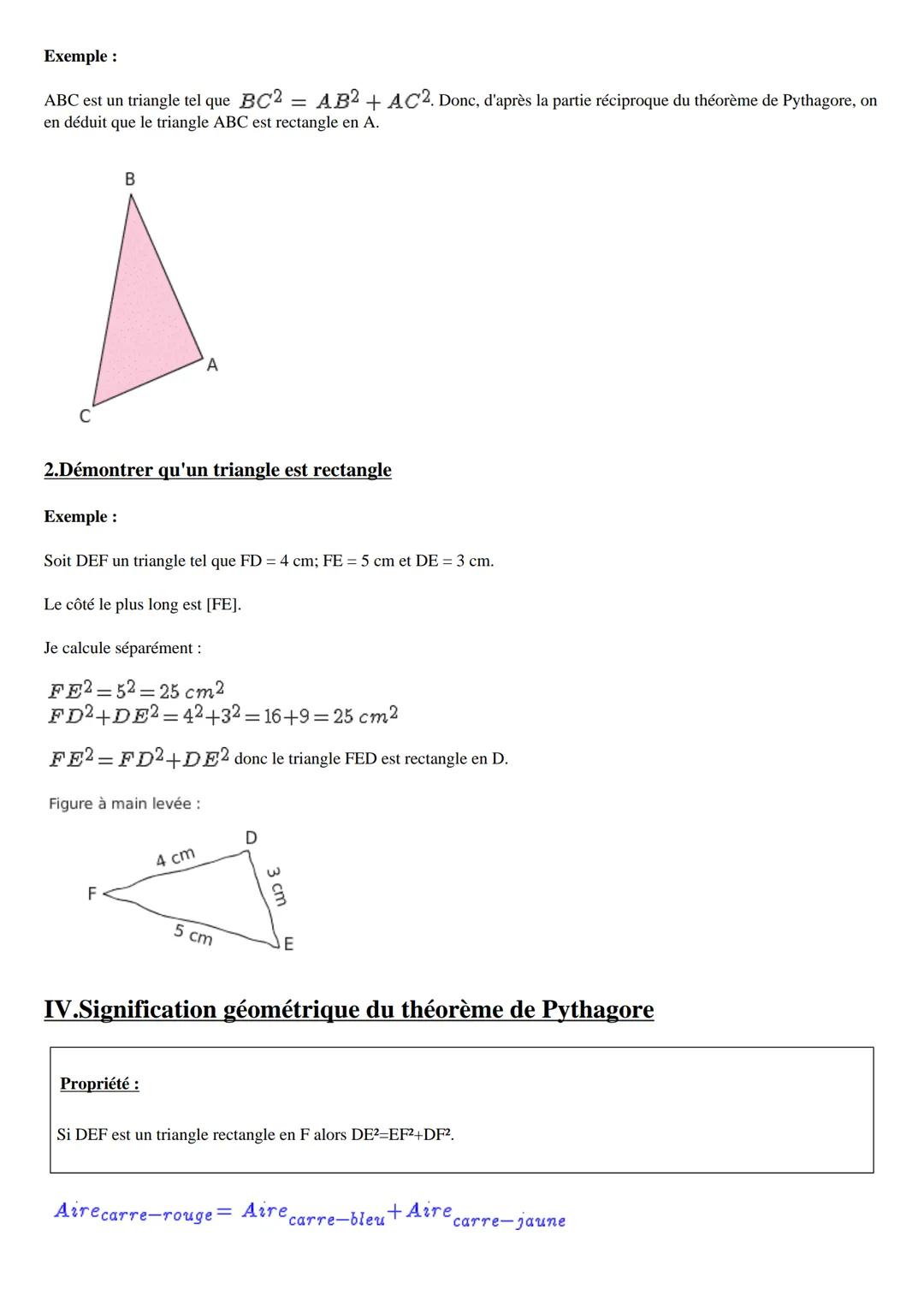 Cours maths quatrième (4ème)
MW
I.Vocabulaire du triangle rectangle
Définition:
Exemple:
E
Théorème de Pythagore : cours de maths en
4ème
• 
