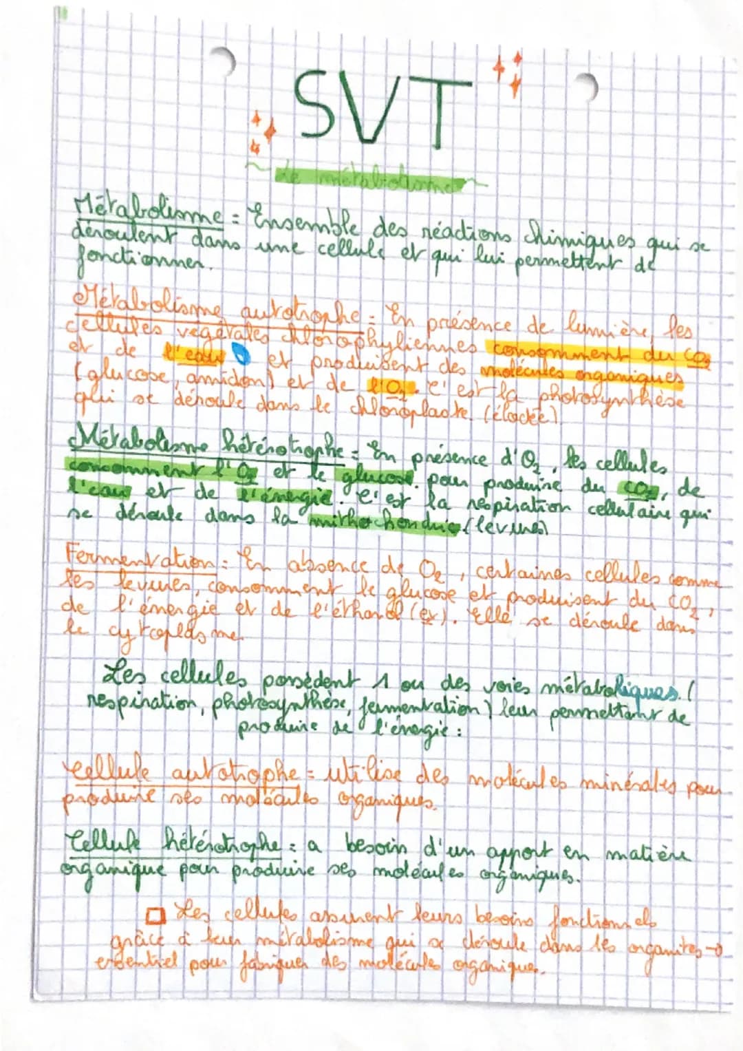 SVT
Metabolisme : Ensemble des réations chimiques qui se
lui permettent de
,
déroulent dans une cellule et
fonctionner..
qui
Métabolisme aut