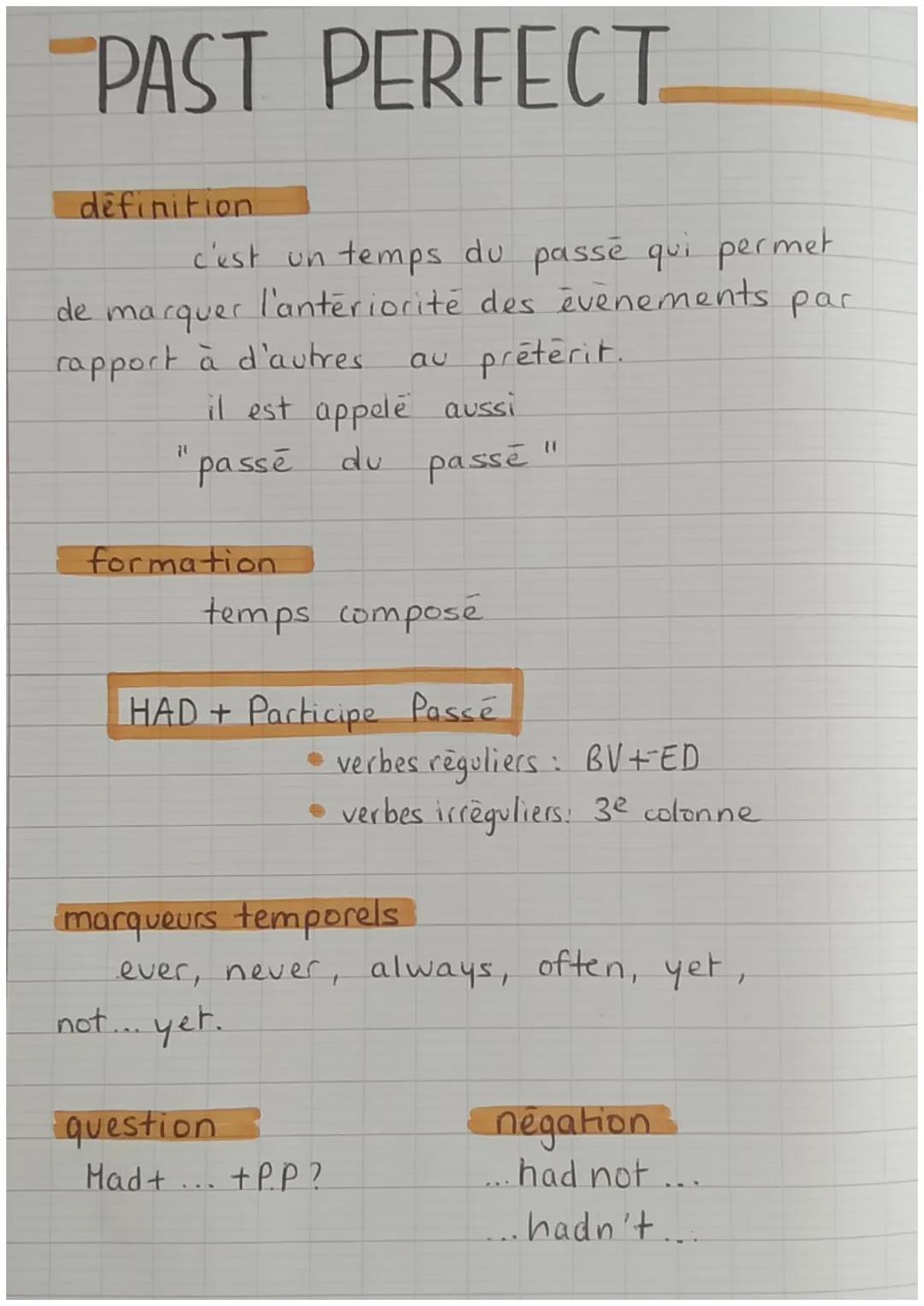 PAST PERFECT

definition
c'est un temps du passe qui permet
de marquer l'anteriorité des évènements par
rapport à d'autres au préterit.
il e