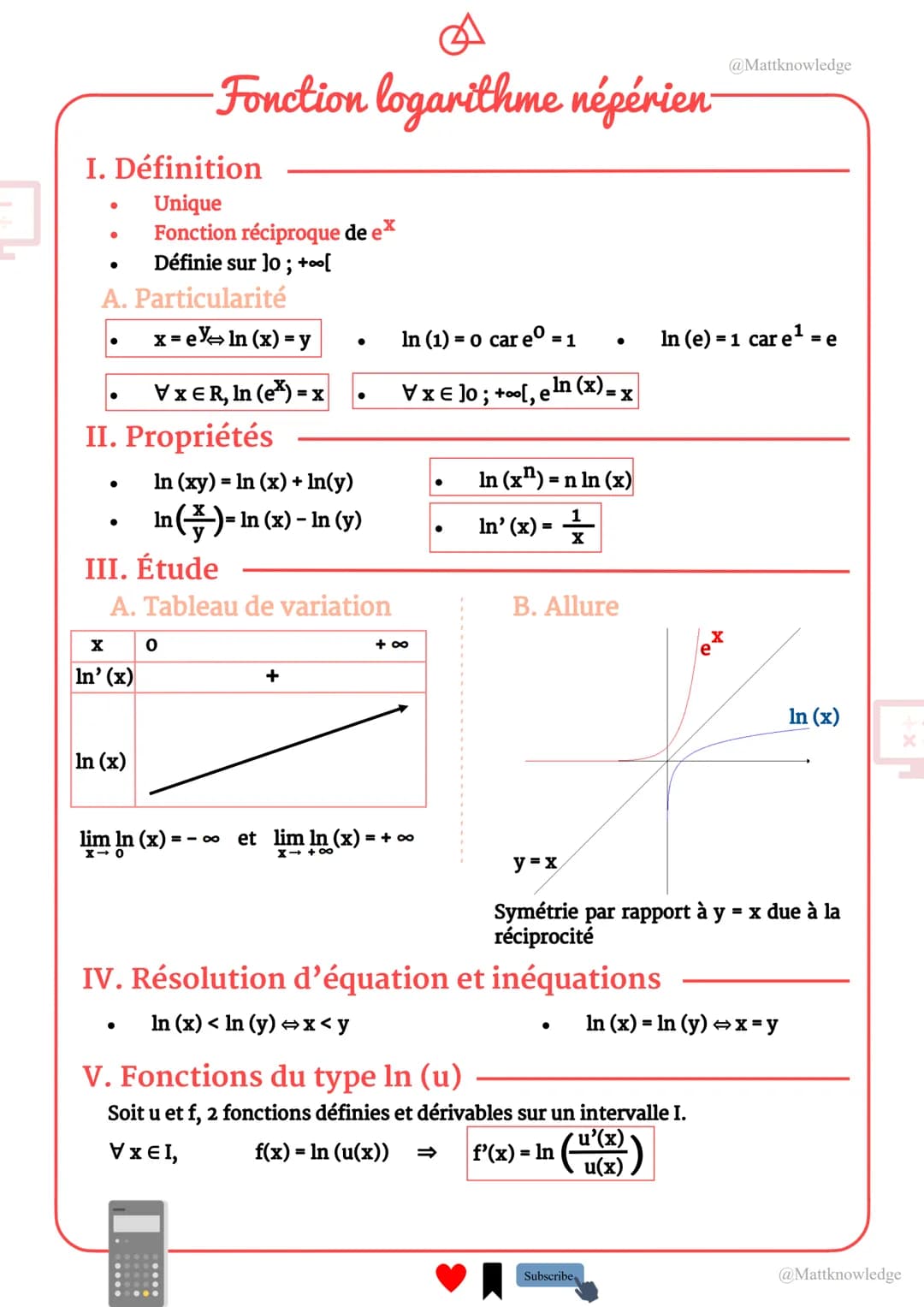 I. Définition
Unique
Fonction réciproque de ex
Définie sur Jo ; +∞0[
●
●
A. Particularité
●
●
Fonction logarithme népérien-
A
II. Propriétés