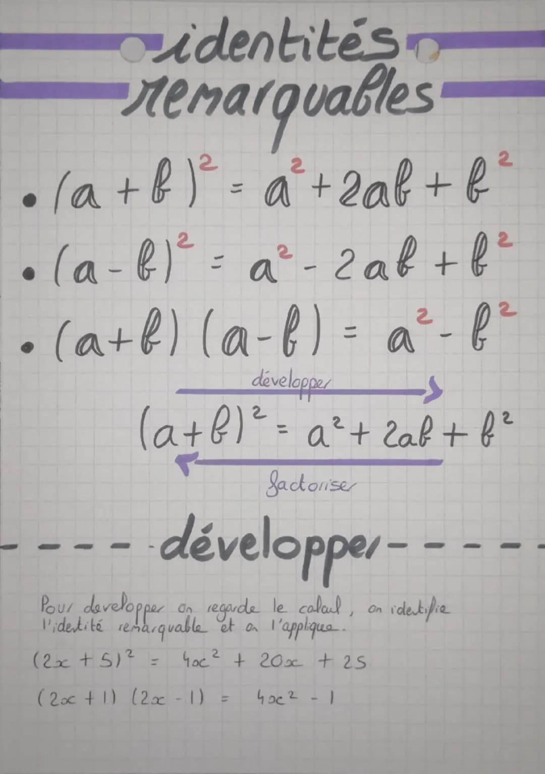 identités
remarquables
• (a+b)²= a²+2ab+b²
•
2
(a - b)² = a² - 2ab+ f
2
2
• (a+b) (a-l) = a²- f²
développer
2
(a+b)² = a² + 2ab+ f²
factoris