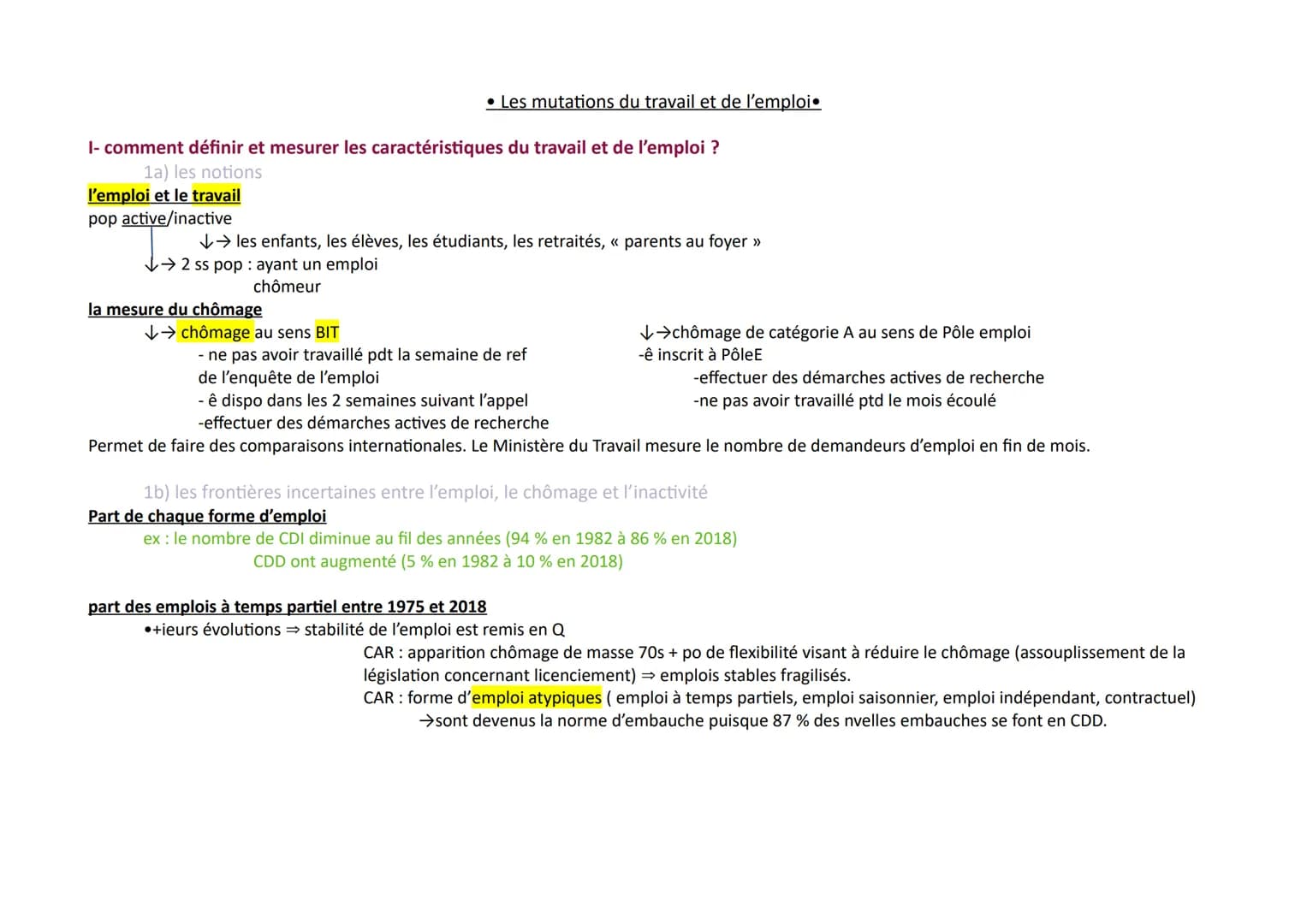 I- comment définir et mesurer les caractéristiques du travail et de l'emploi ?
1a) les notions
l'emploi et le travail
pop active/inactive
• 