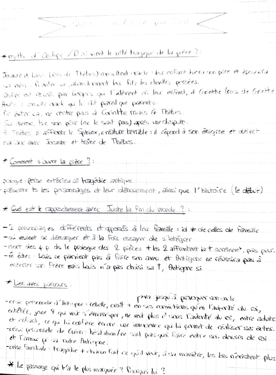 Auloven (oc
*my the dr Qedipe /D'où vient le côté tragique de la pièce ? :
Jocaste et Late (cis de Thebes) consultent oracle: leur enfant fu
