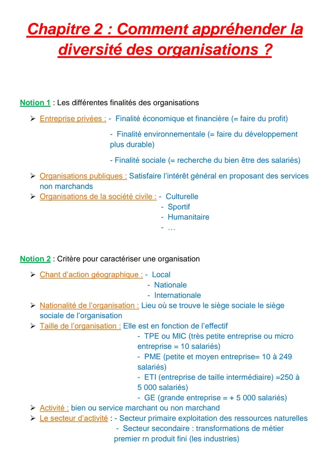 Chapitre 2 : Comment appréhender la
diversité des organisations ?
Notion 1: Les différentes finalités des organisations
> Entreprise privées