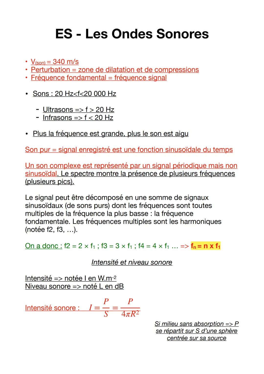 --- OCR Start ---
ES - Les Ondes Sonores
• $V_{(son)}=340~m/s$
Perturbation = zone de dilatation et de compressions
Fréquence fondamental = 