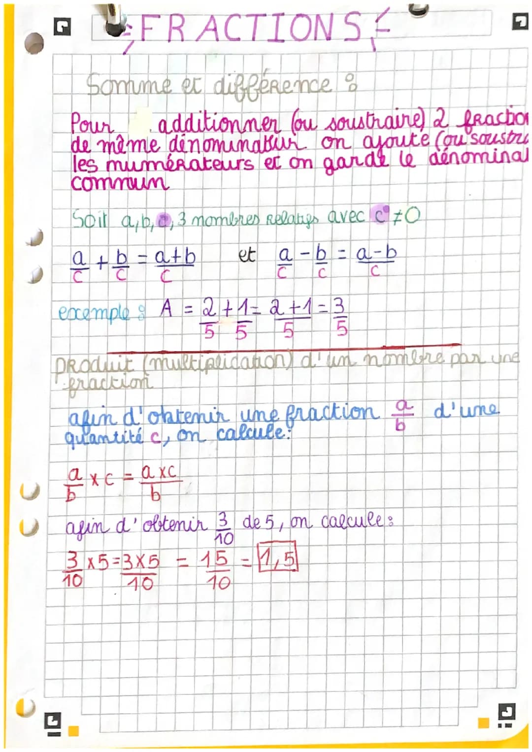 C
FRACTIONS
Somme et difference o
Pour
additionner (ou soustraire) 2 fraction
de même dénominatur on ajoute (ou soustru
les mumérateurs et o