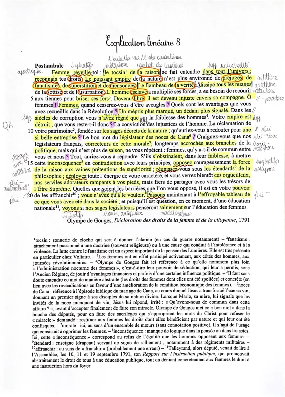 Explication linéaire 8
Postambule imatifs
l'ovie/la vue / l'obs cuantisme
combat des lumieres
métaphore
apostrophe
hyp universalité
Femme, r